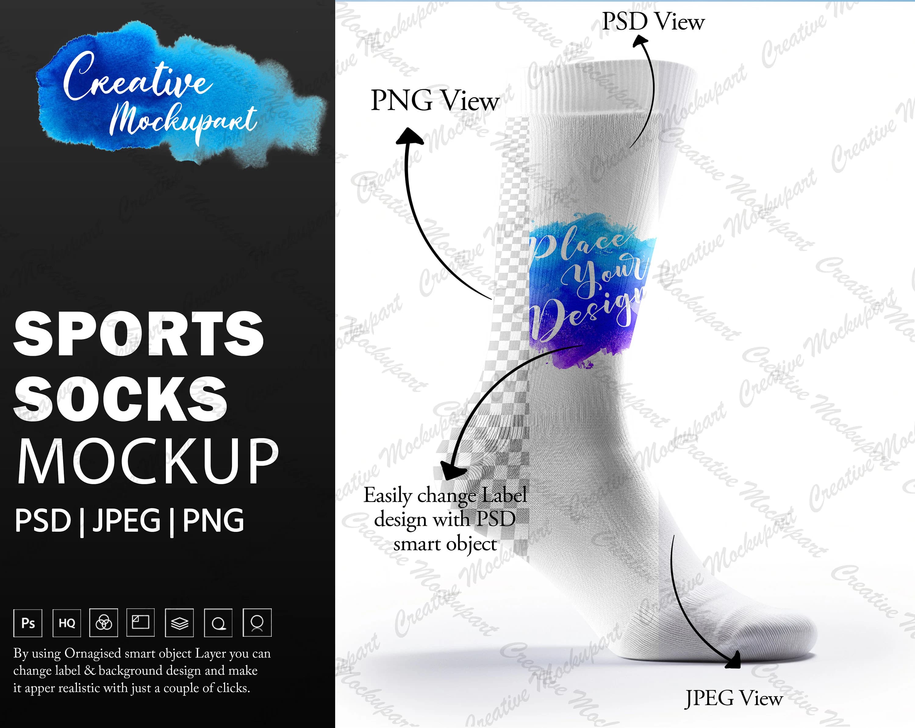 Sports Socks Mockup For Dye Sublimation| Crew Socks Mockup | Add Your Own Design Via Photoshop Smart PSD Object, Canva PNG & JPG - image 3