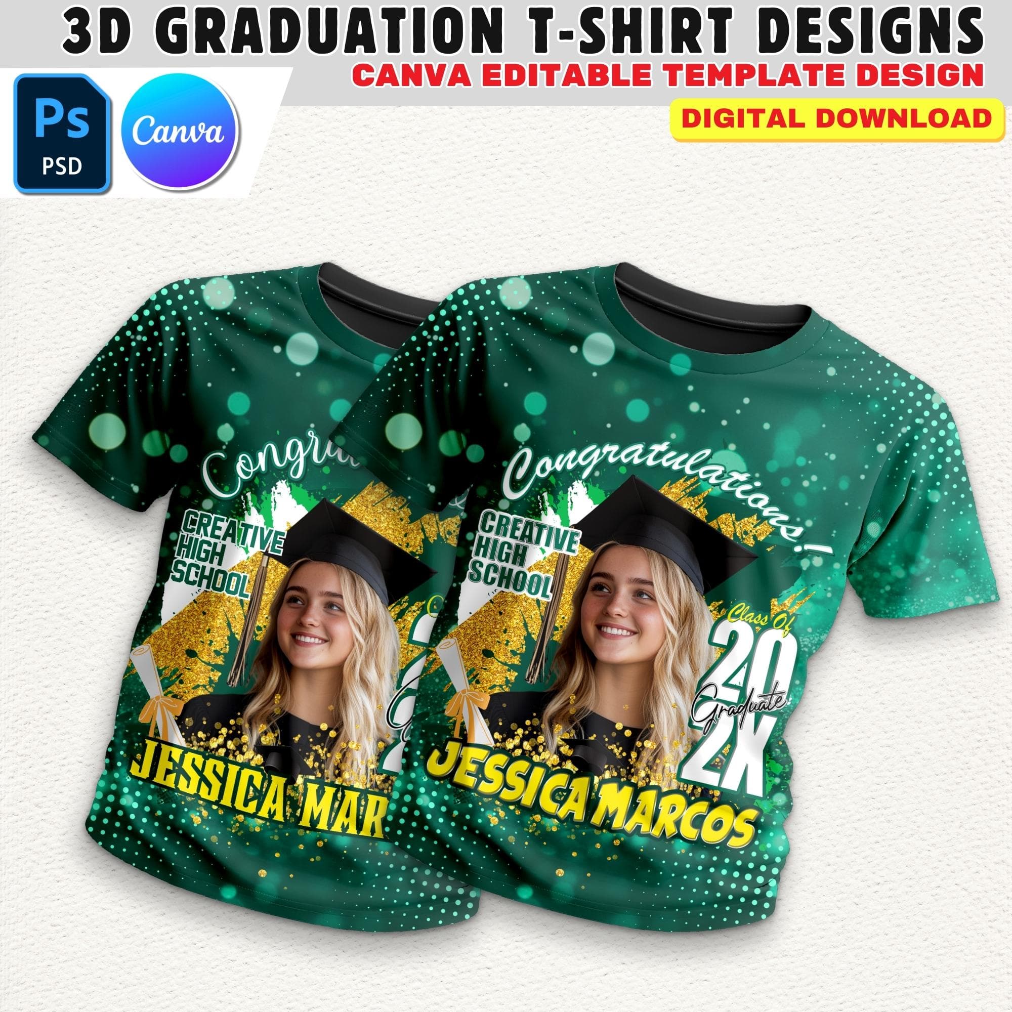 Graduation 3D Shirt Design, Dark Green T-Shirt Design Template, 32x27 Inch Editable Grad T-Shirt Canva File Perfect For DTF & Sublimation - image 5