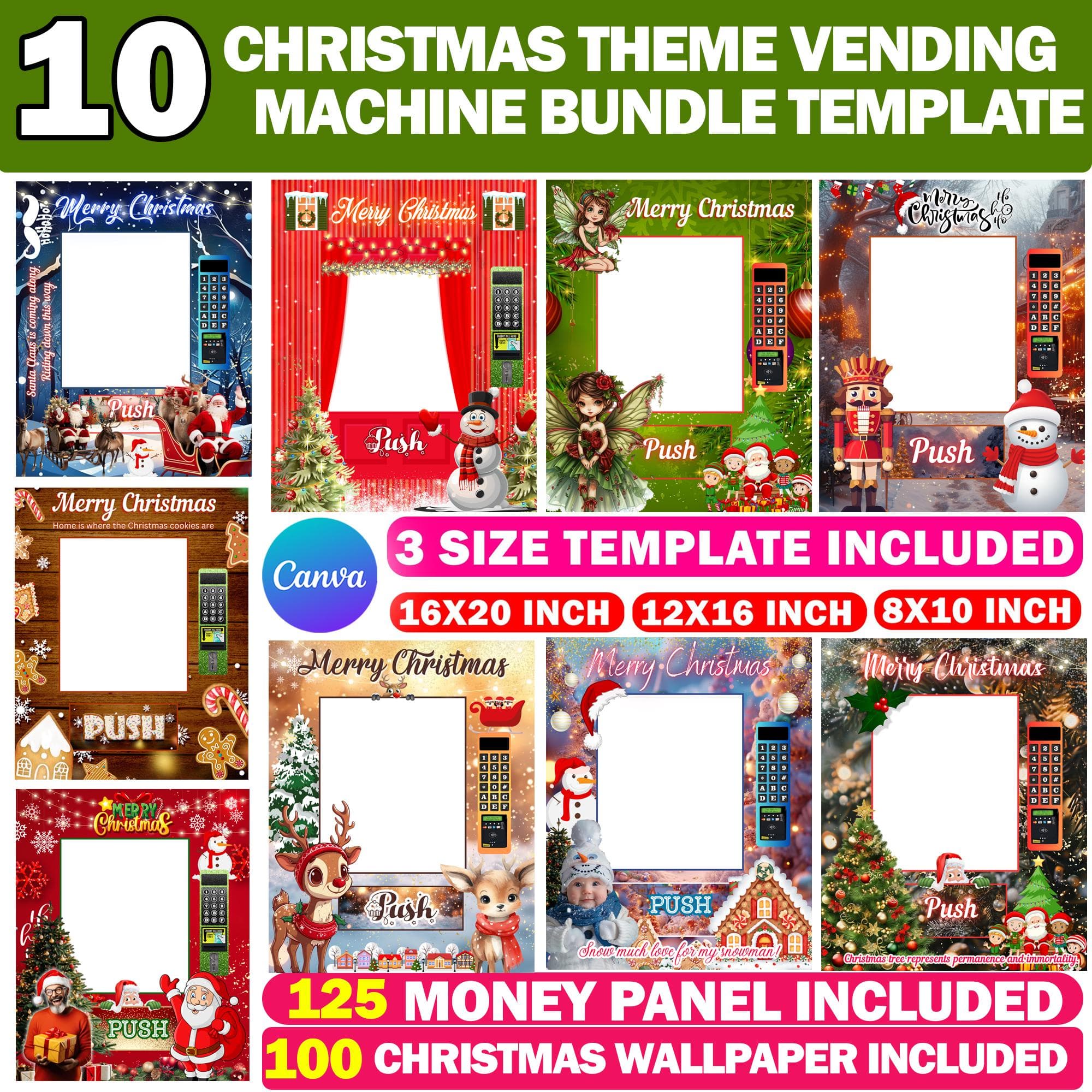 Christmas Vending Machine Template Bundle, 8x10, 8.5x11, 16x20 Editable Spooky Christmas Canva Template, Free Money Panel PNG, Backgrounds
