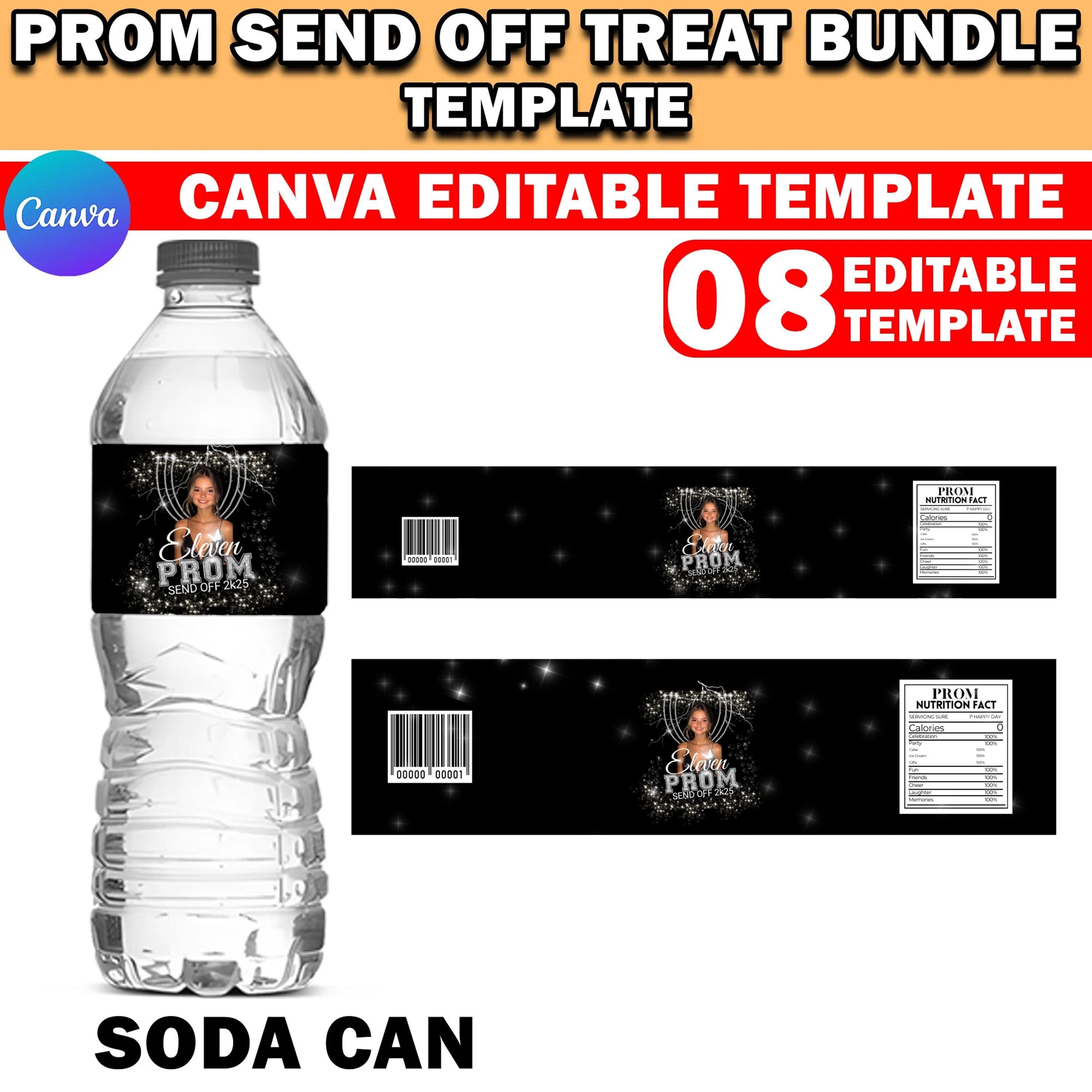 Prom Send Off Treat, Prom Packaging Template Bundle, Glitter Silver & Black Prom Treats, Canva Party Bundle, Custom Water Labels, Chip Bag - image 5