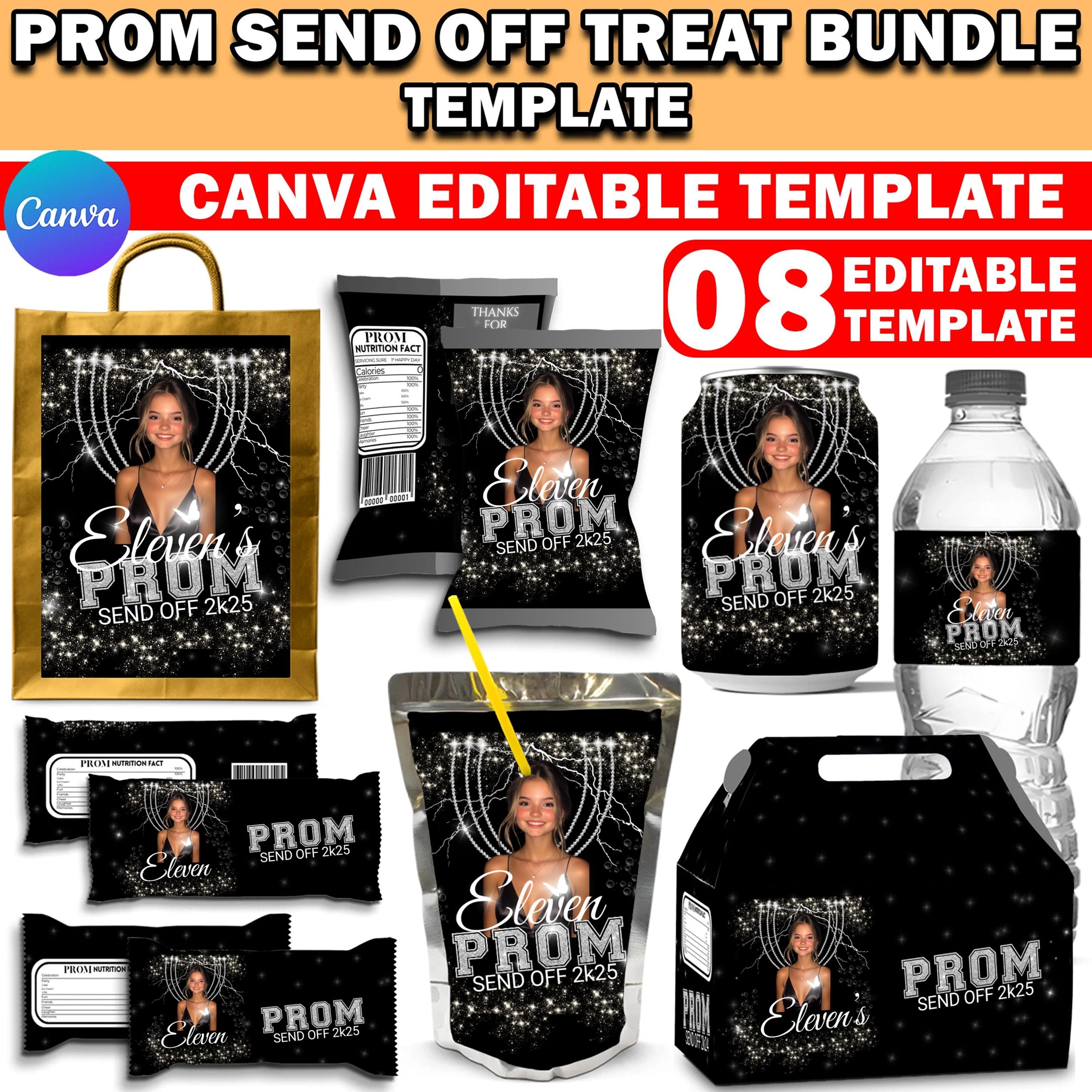 Prom Send Off Treat, Prom Packaging Template Bundle, Glitter Silver & Black Prom Treats, Canva Party Bundle, Custom Water Labels, Chip Bag