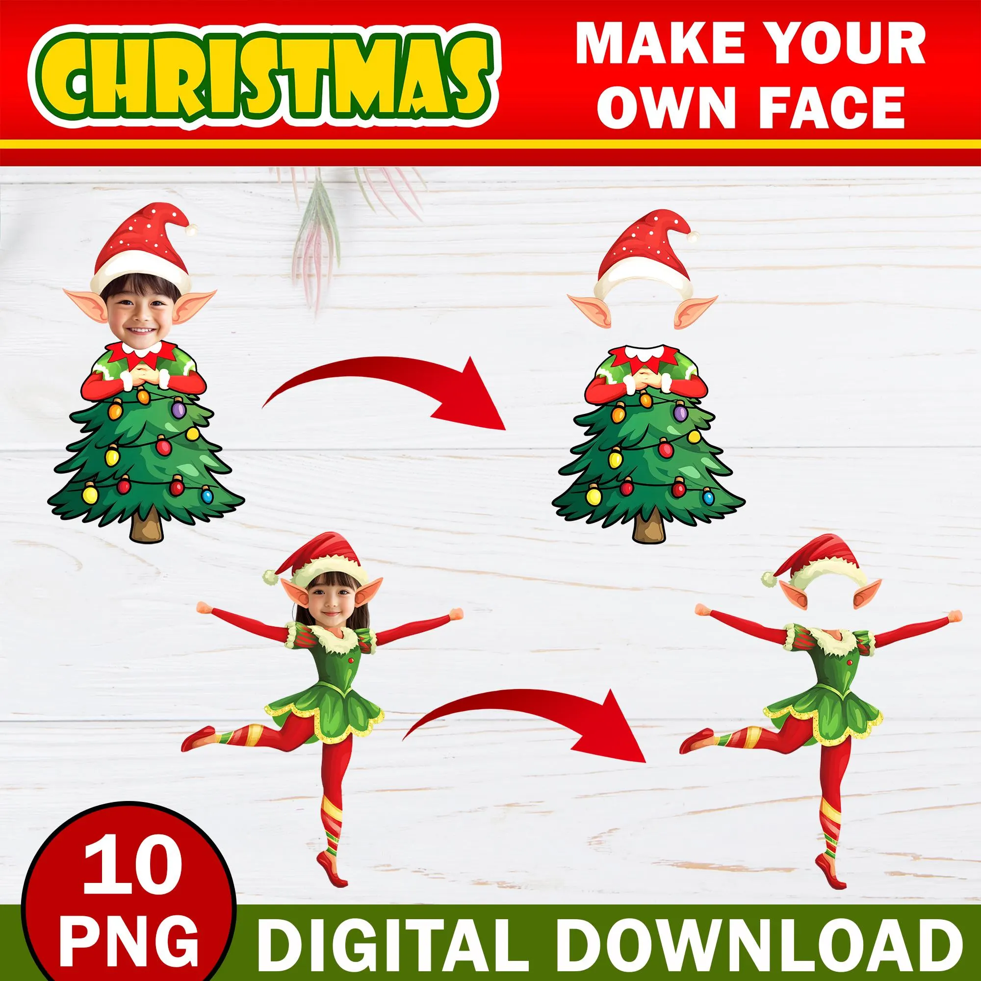 10x Christmas Add Your Own Custom Photo Face Ornament, DIY Elf Yourself PNG Bundle, Elf Face Blank, Xmas Office Ornament For Party & Decor - image 5
