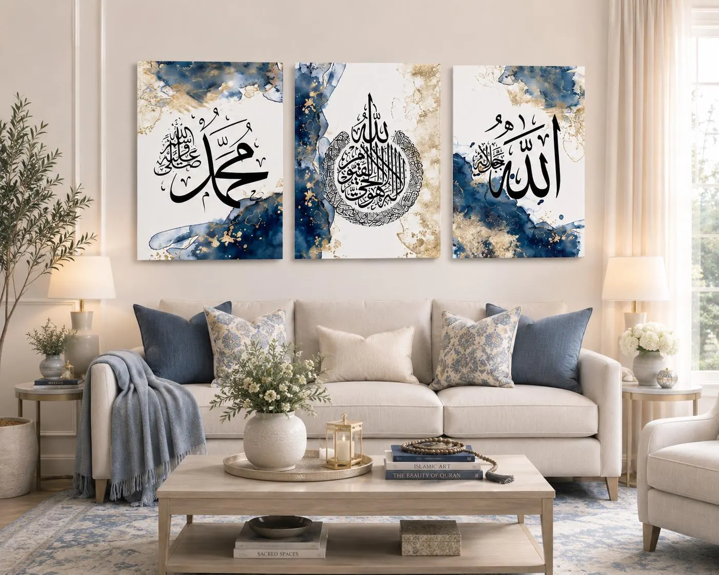 Islamic Wall Art Set of 3: Allah, Muhammad, Ayatul Kursi - Blue & White Canvas Prints