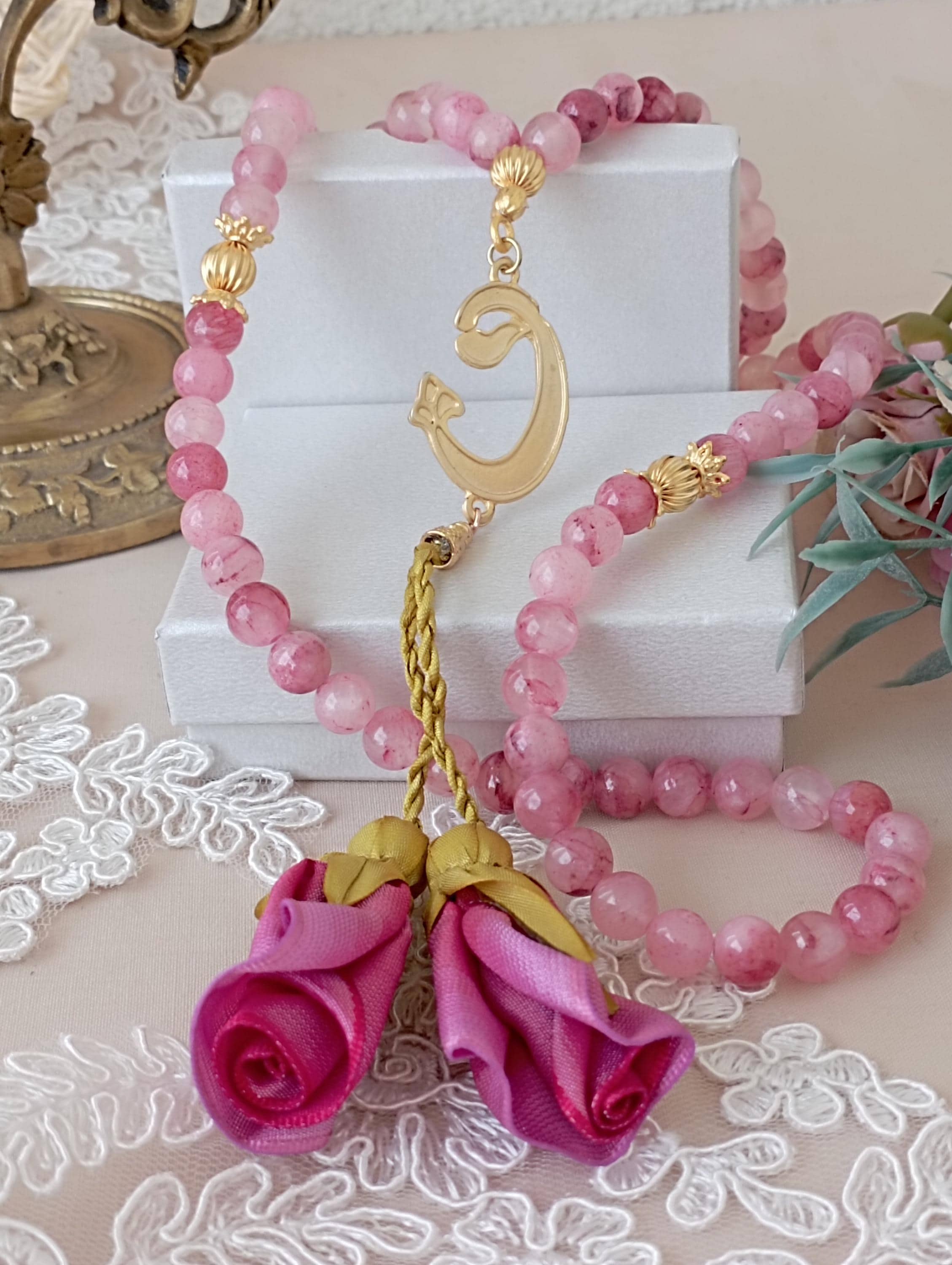 Pink Ceyt Quartz Tasbih, 99 Prayer Beads, Vav Pendant - image 5