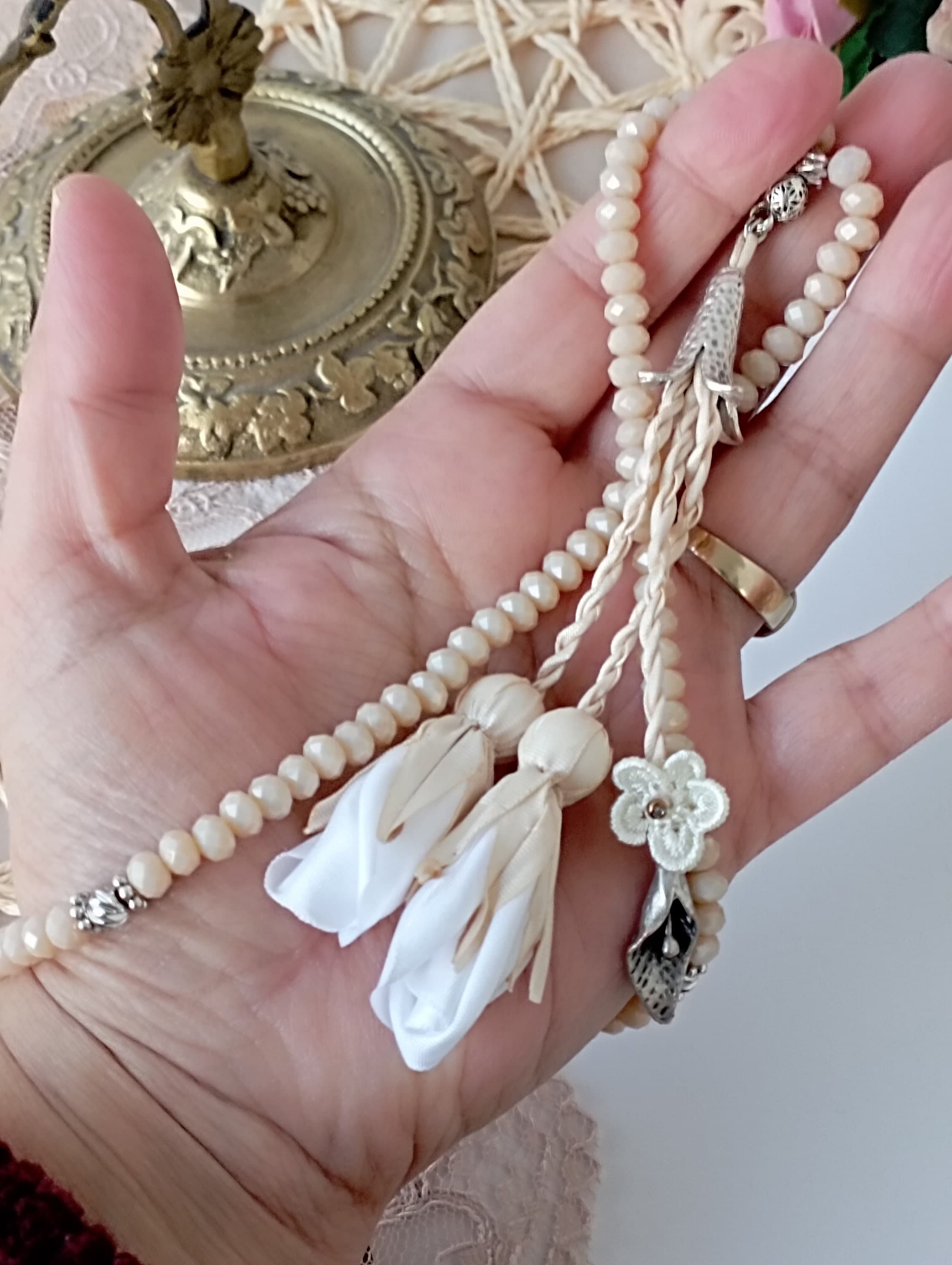 Ecru Tasbih: Floral Islamic Prayer Beads, 99 Beads* 5mm