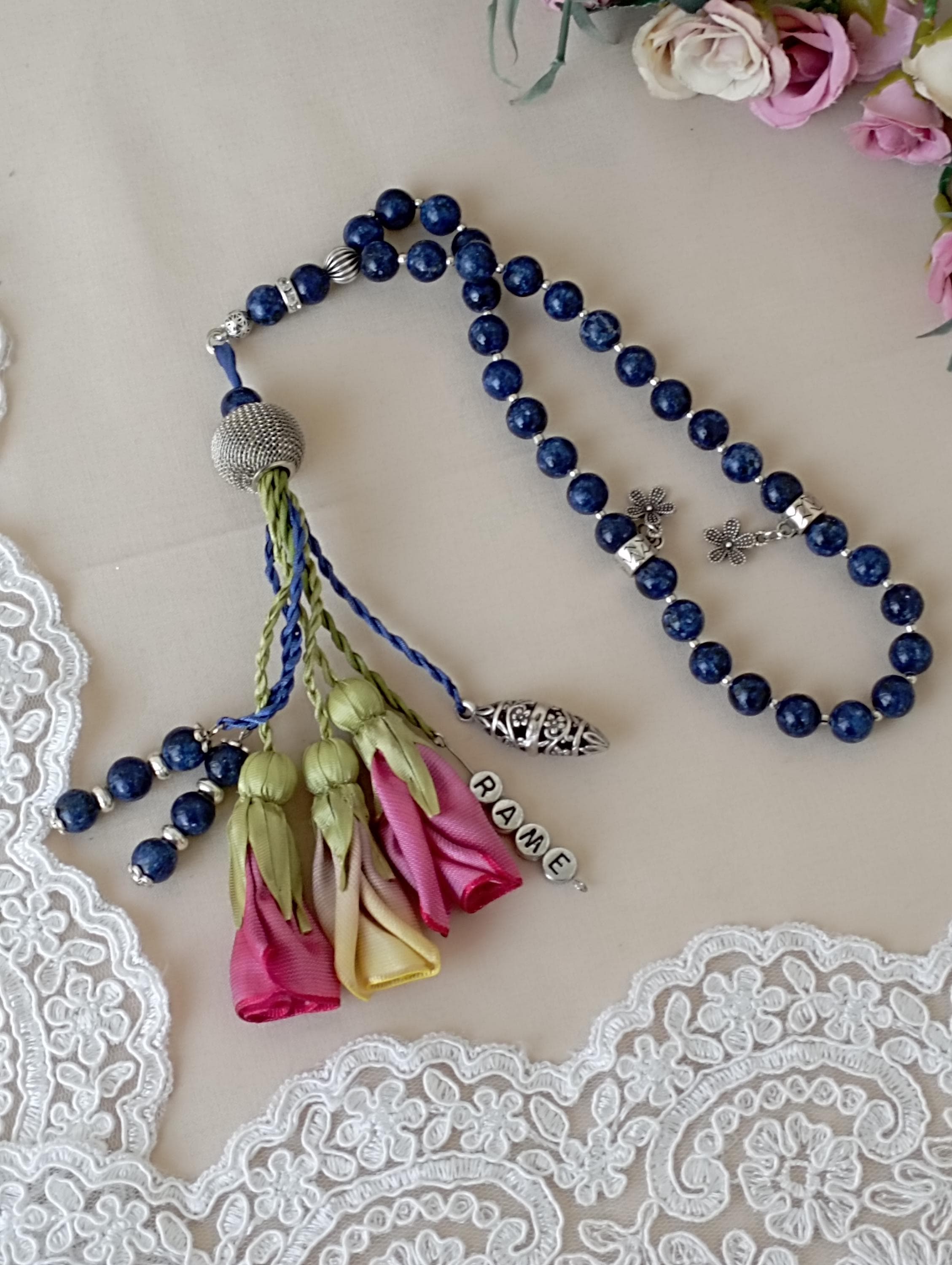 Personalized Navy Stone Tasbih:33*8mm Luxury Prayer Beads, Islamic Gift Ornate Tasbeeh - image 4