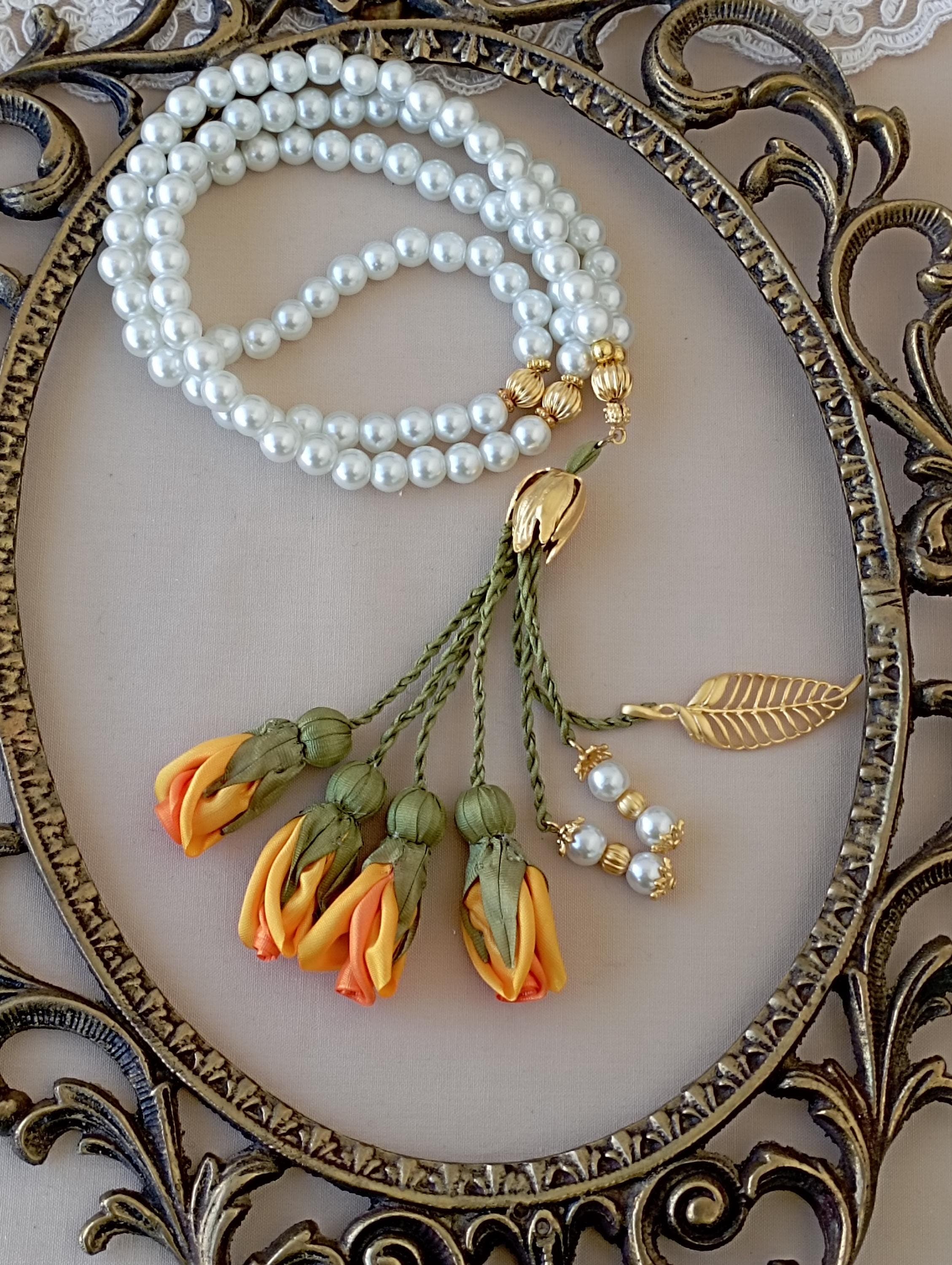 Personalized Glass Pearl-look  Beads Tasbih: Islamic Prayer Beads with Tulip Charm - image 4