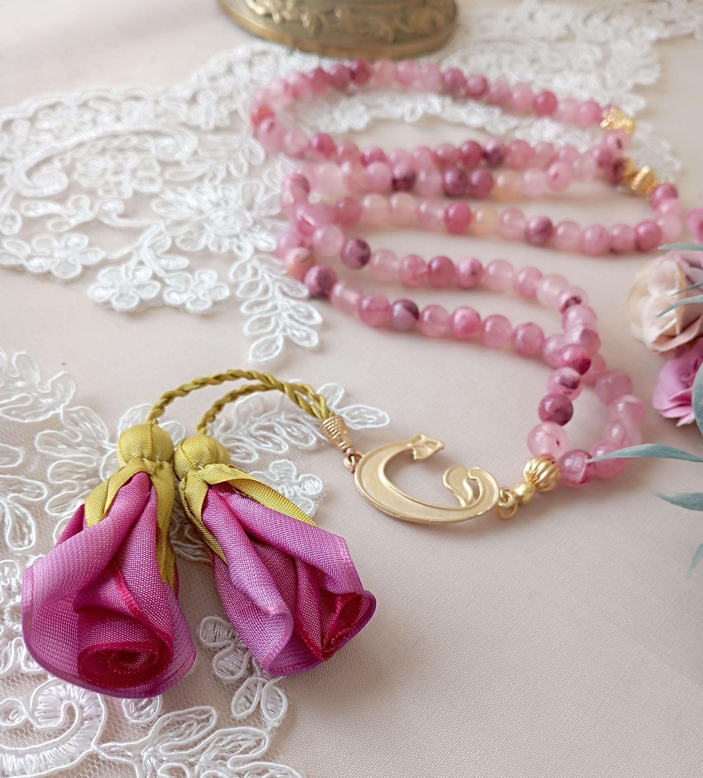 Pink Ceyt Quartz Tasbih, 99 Prayer Beads, Vav Pendant