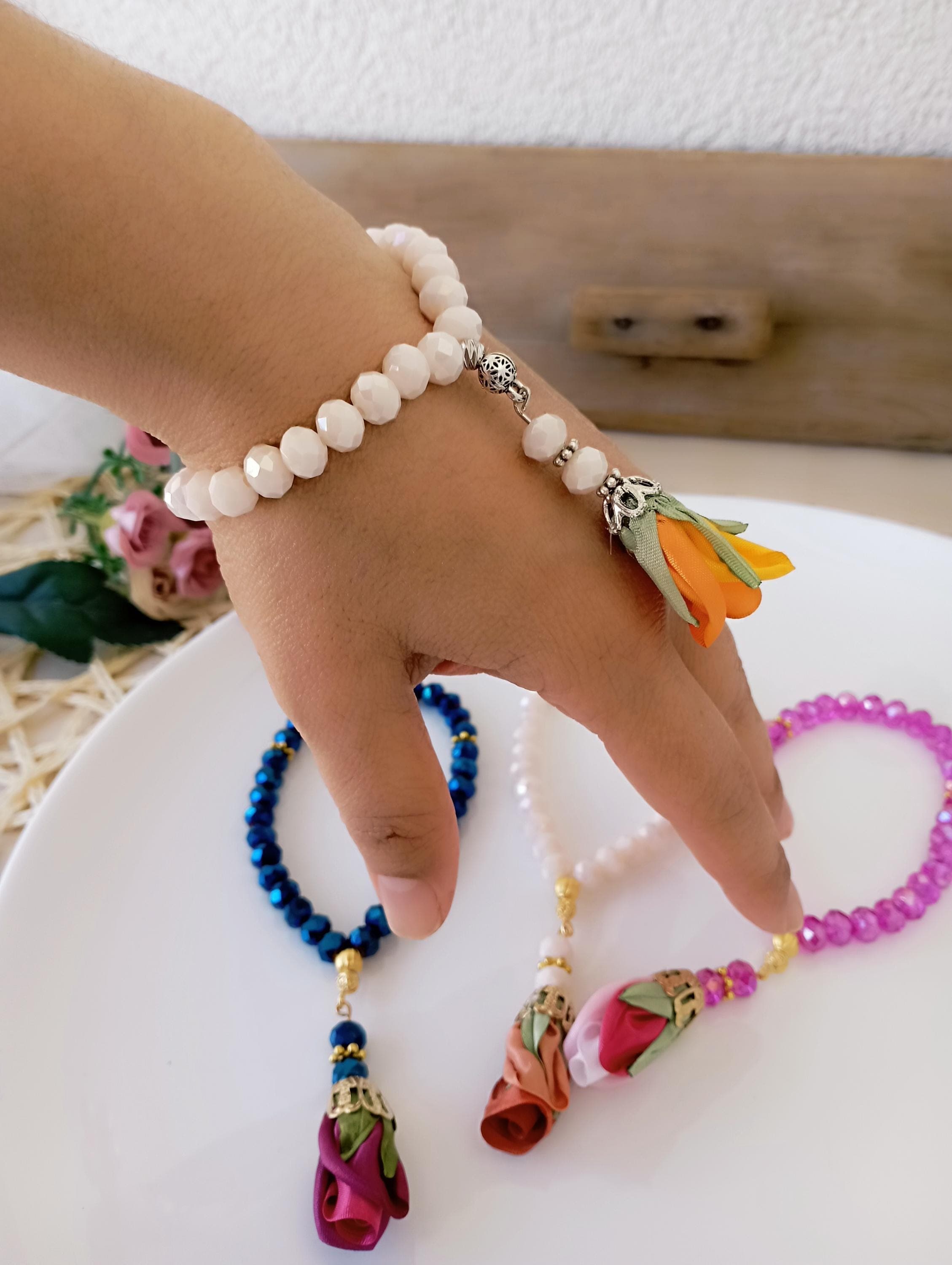 Crystal Prayer Beads Bracelet: 33 Bead Tasbih, Elastic Wrist Rosary