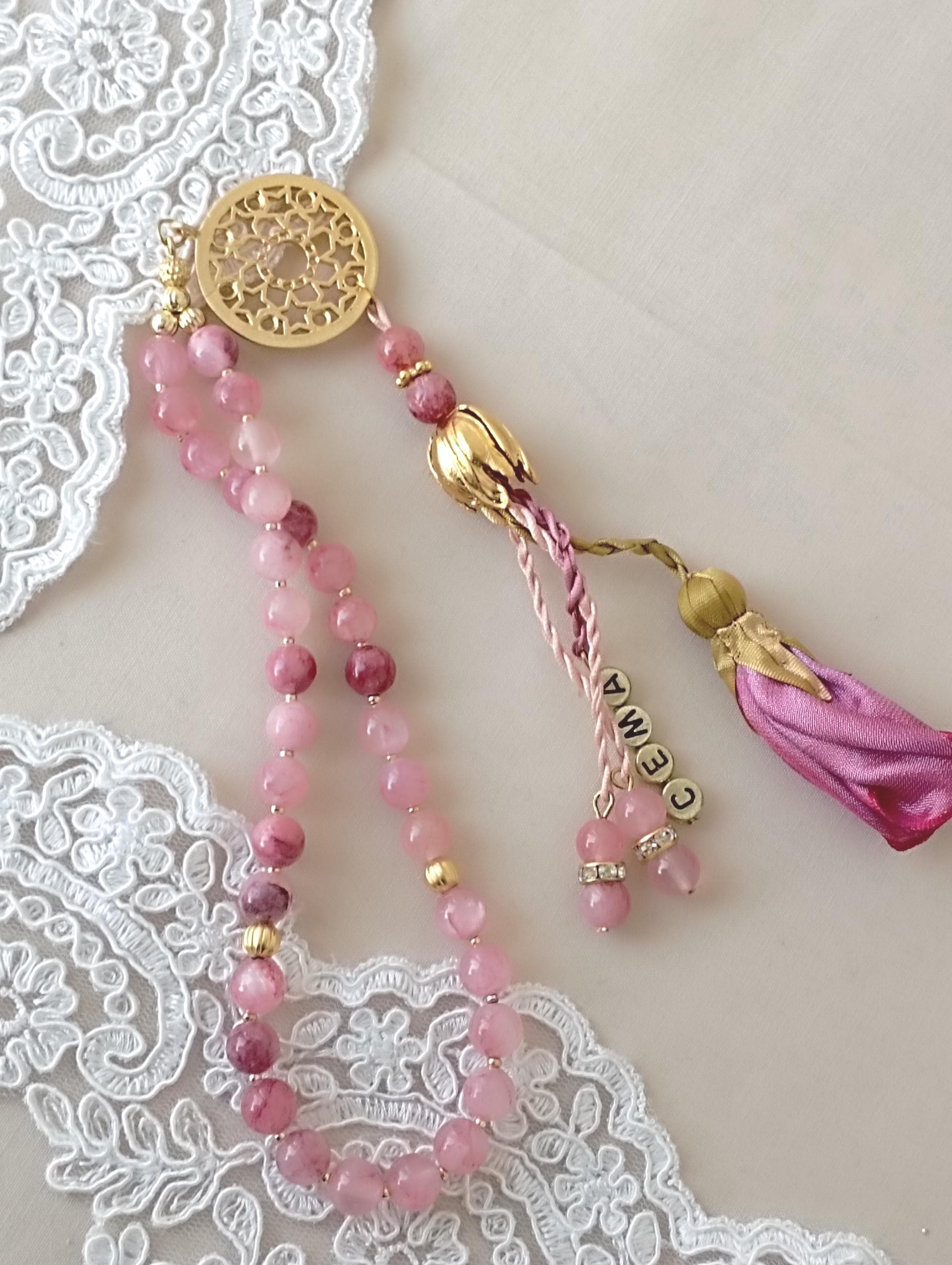 Pink Ceyt Stone Tasbih, 33*8mm Prayer Beads, Ramadan Gift, Islami Bulk Gift - image 3