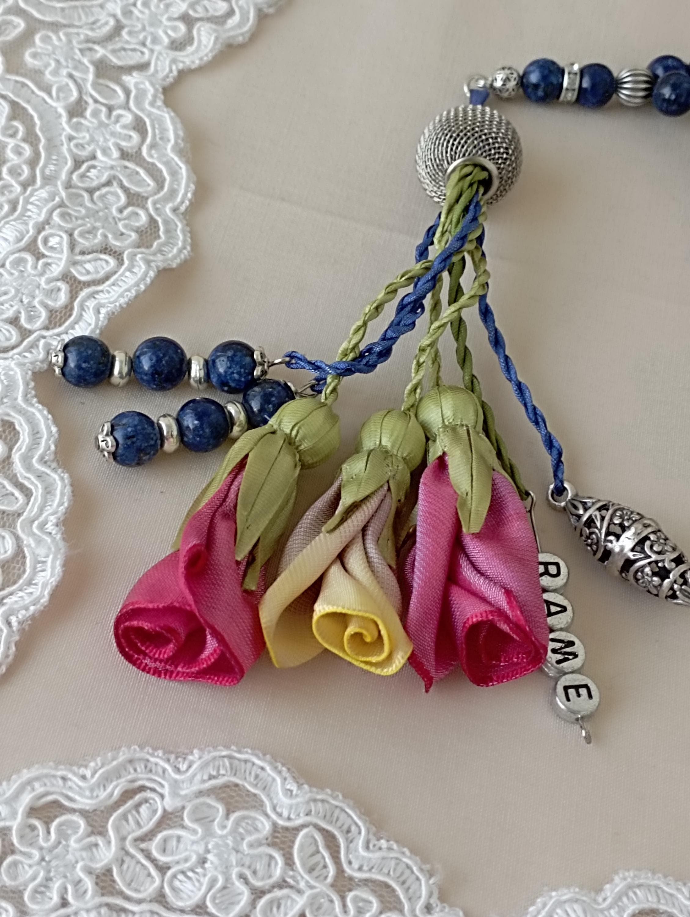 Personalized Navy Stone Tasbih:33*8mm Luxury Prayer Beads, Islamic Gift Ornate Tasbeeh - image 5
