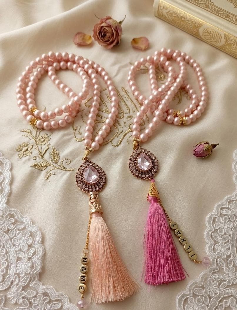 Personalized Pearl-look Tasbih, Pink Prayer Beads, Custom Islamic Gift, Elegant Misbaha