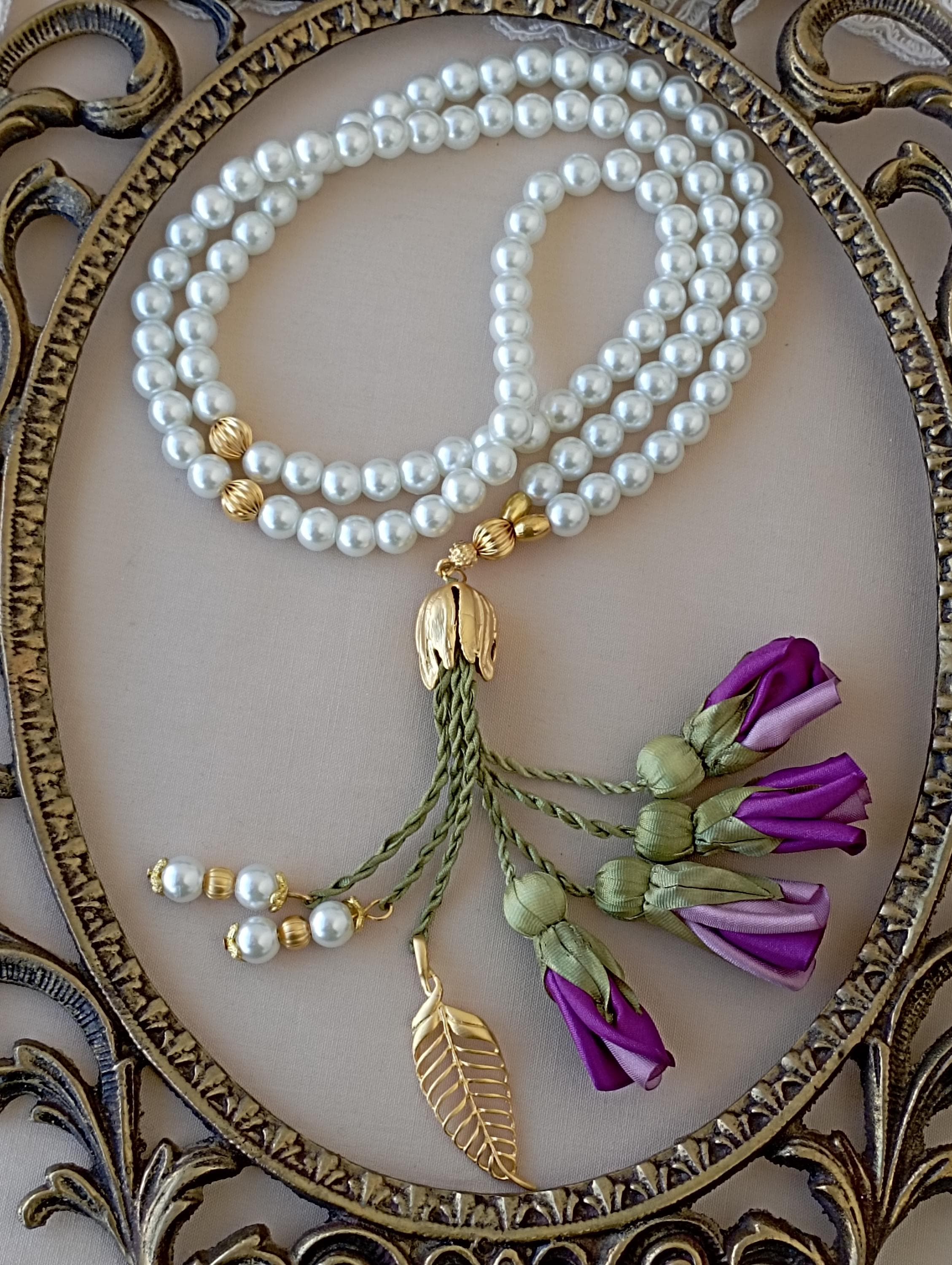 Personalized Glass Pearl-look  Beads Tasbih: Islamic Prayer Beads with Tulip Charm - image 3