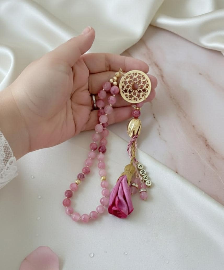 Pink Ceyt Stone Tasbih, 33*8mm Prayer Beads, Ramadan Gift, Islami Bulk Gift