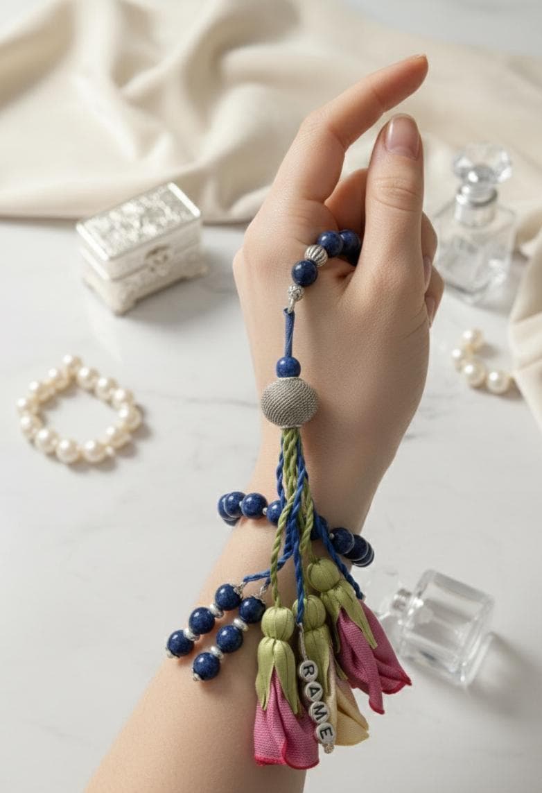 Personalized Navy Stone Tasbih:33*8mm Luxury Prayer Beads, Islamic Gift Ornate Tasbeeh - image 3