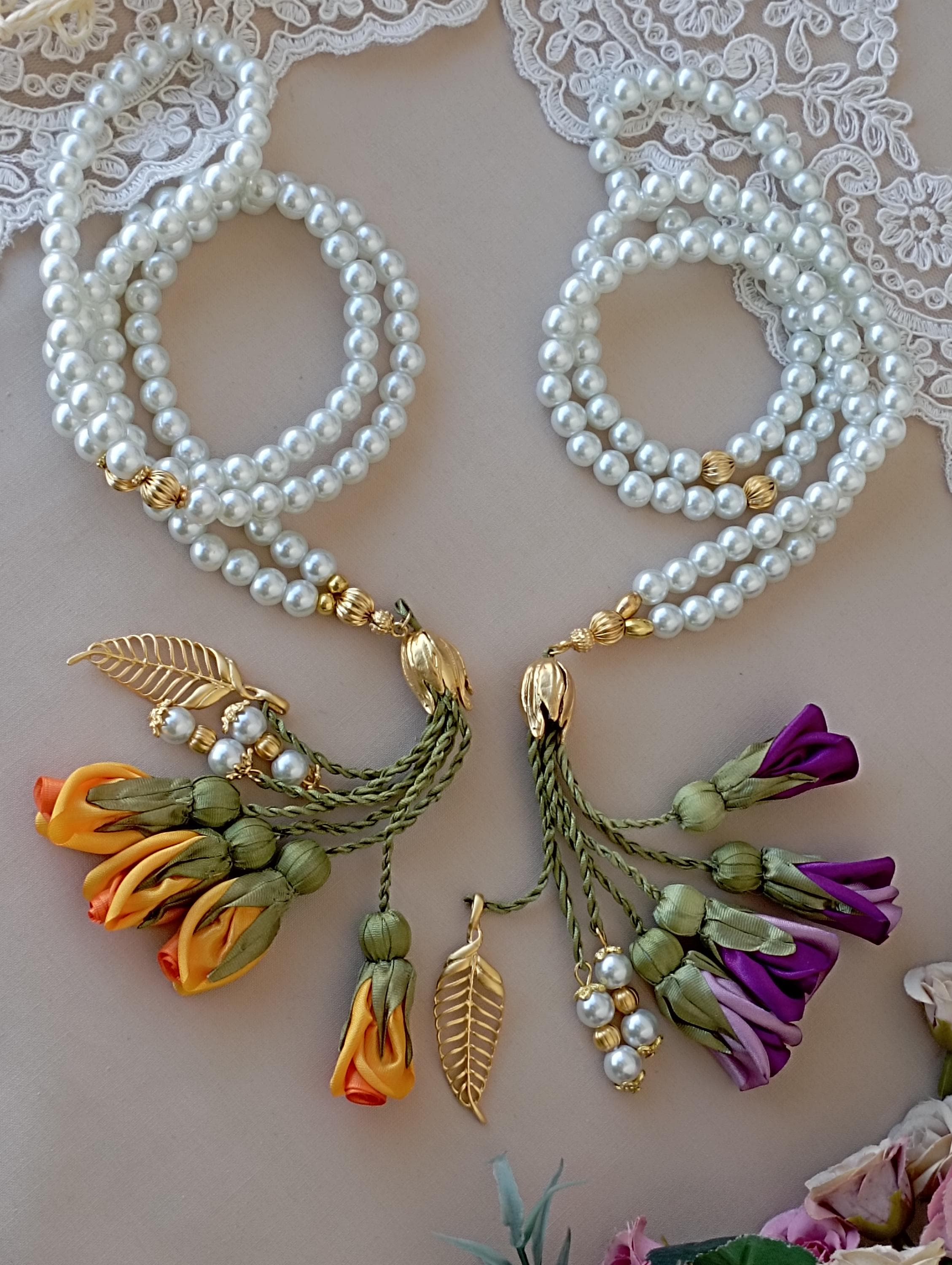 Personalized Glass Pearl-look  Beads Tasbih: Islamic Prayer Beads with Tulip Charm