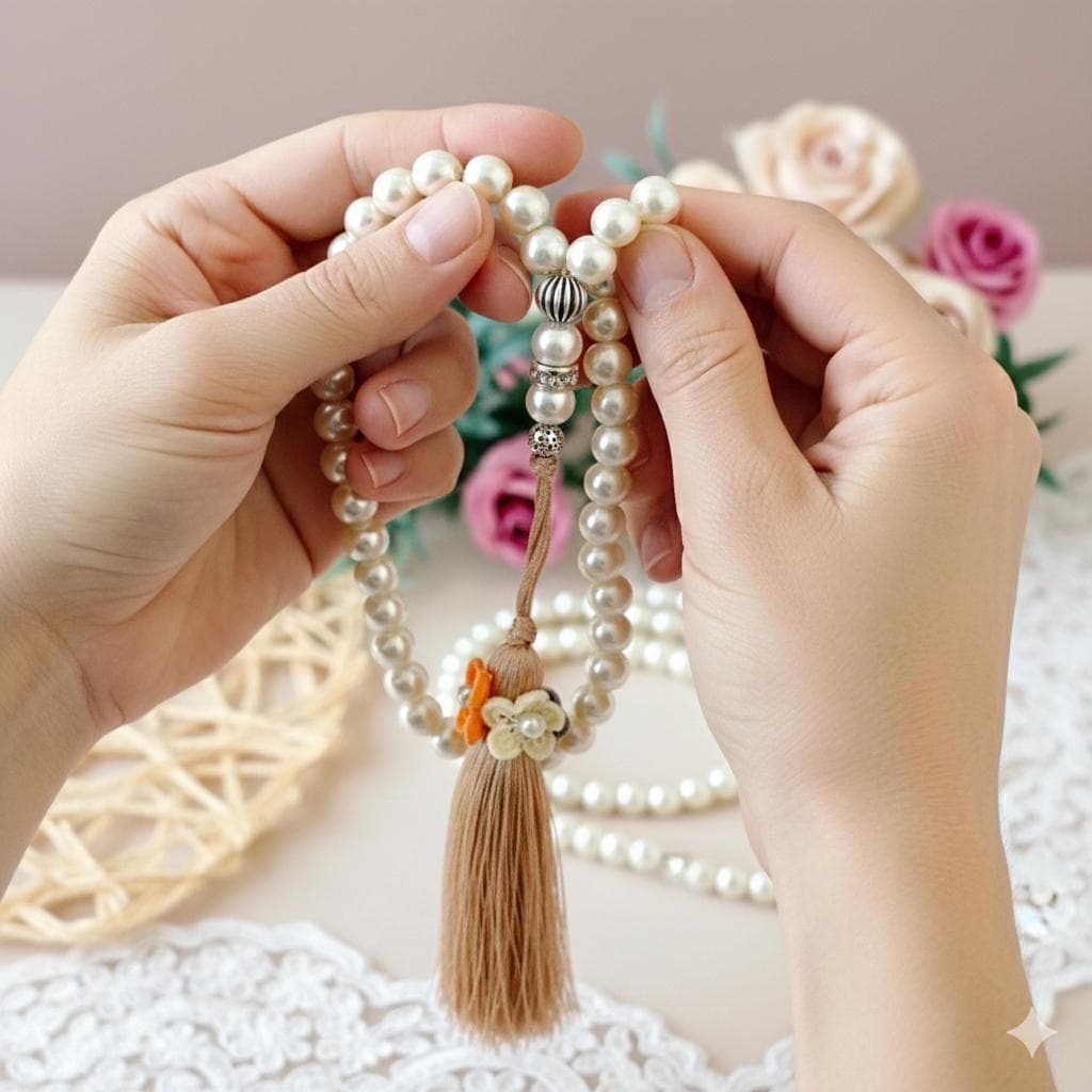 Handmade Glass Pearl Tasbeeh: Ecru & Pink Prayer Beads with Tassels