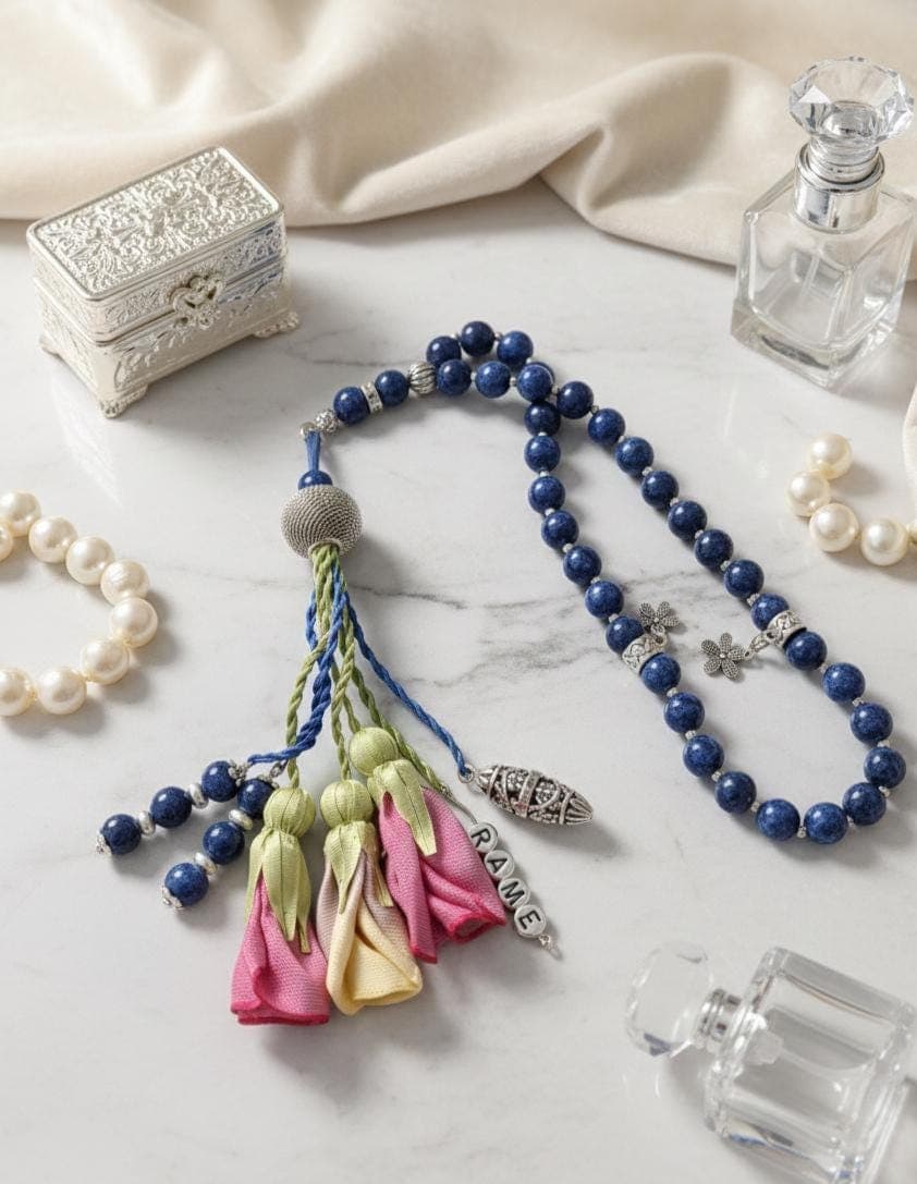 Personalized Navy Stone Tasbih:33*8mm Luxury Prayer Beads, Islamic Gift Ornate Tasbeeh