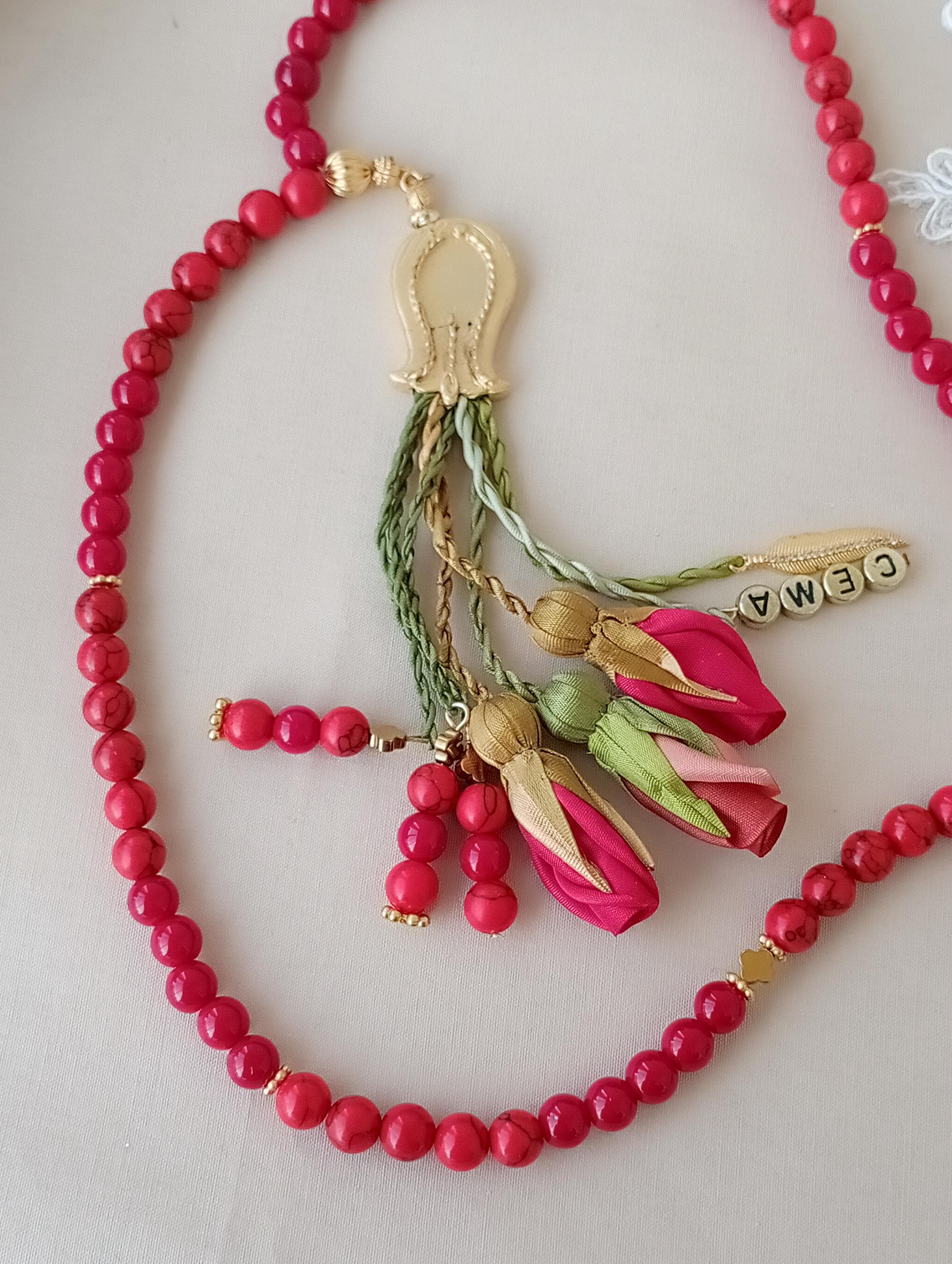 Personalized Red Ceyt Coral-look Tasbih: 99-8 mm Bead Islamic Rosary Mala - image 3