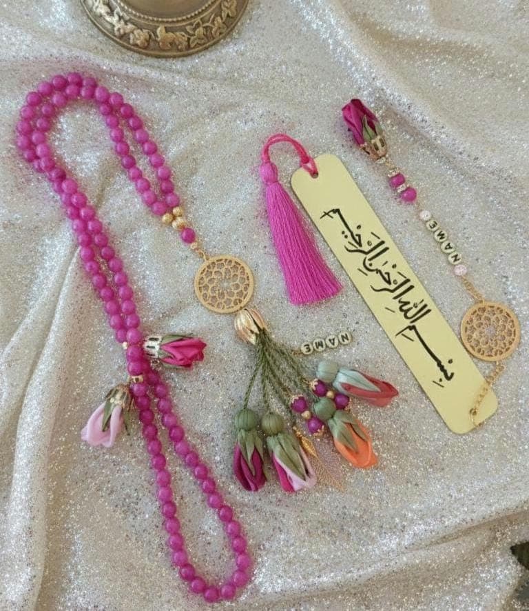 Pink Stone Tasbih & Bookmark Set: Muslim Gift, Ameen Favor, Prayer Beads,