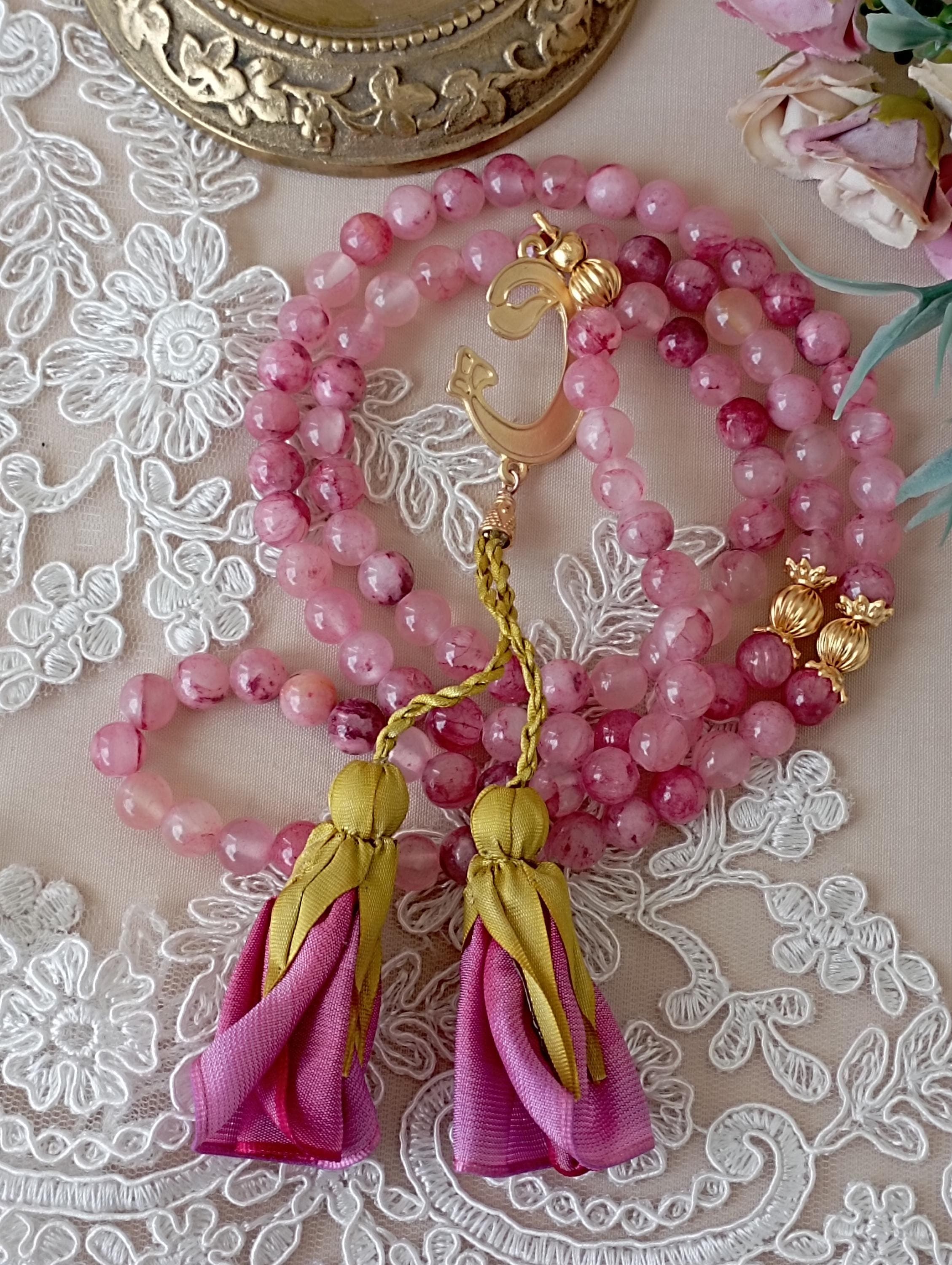 Pink Ceyt Quartz Tasbih, 99 Prayer Beads, Vav Pendant - image 4