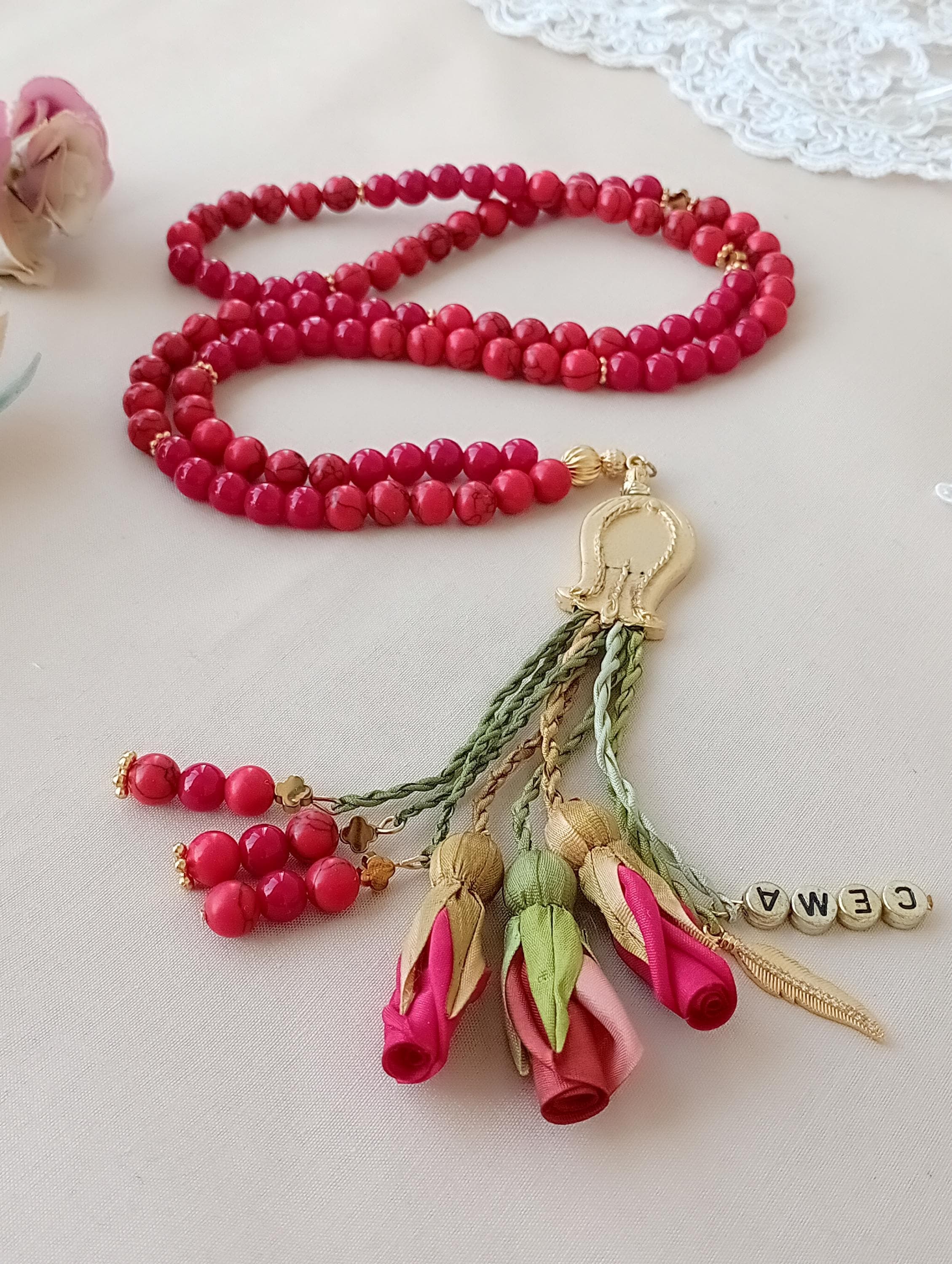 Personalized Red Ceyt Coral-look Tasbih: 99-8 mm Bead Islamic Rosary Mala