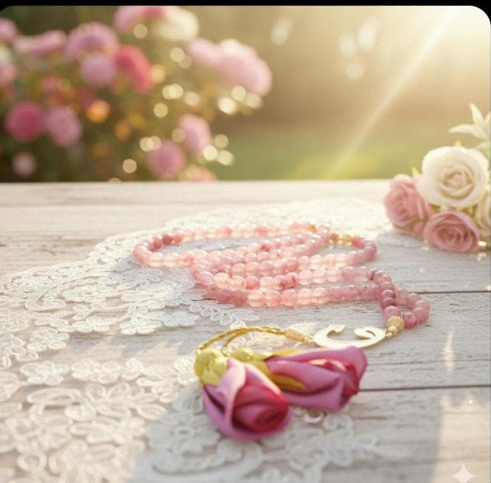 Pink Ceyt Quartz Tasbih, 99 Prayer Beads, Vav Pendant - image 3