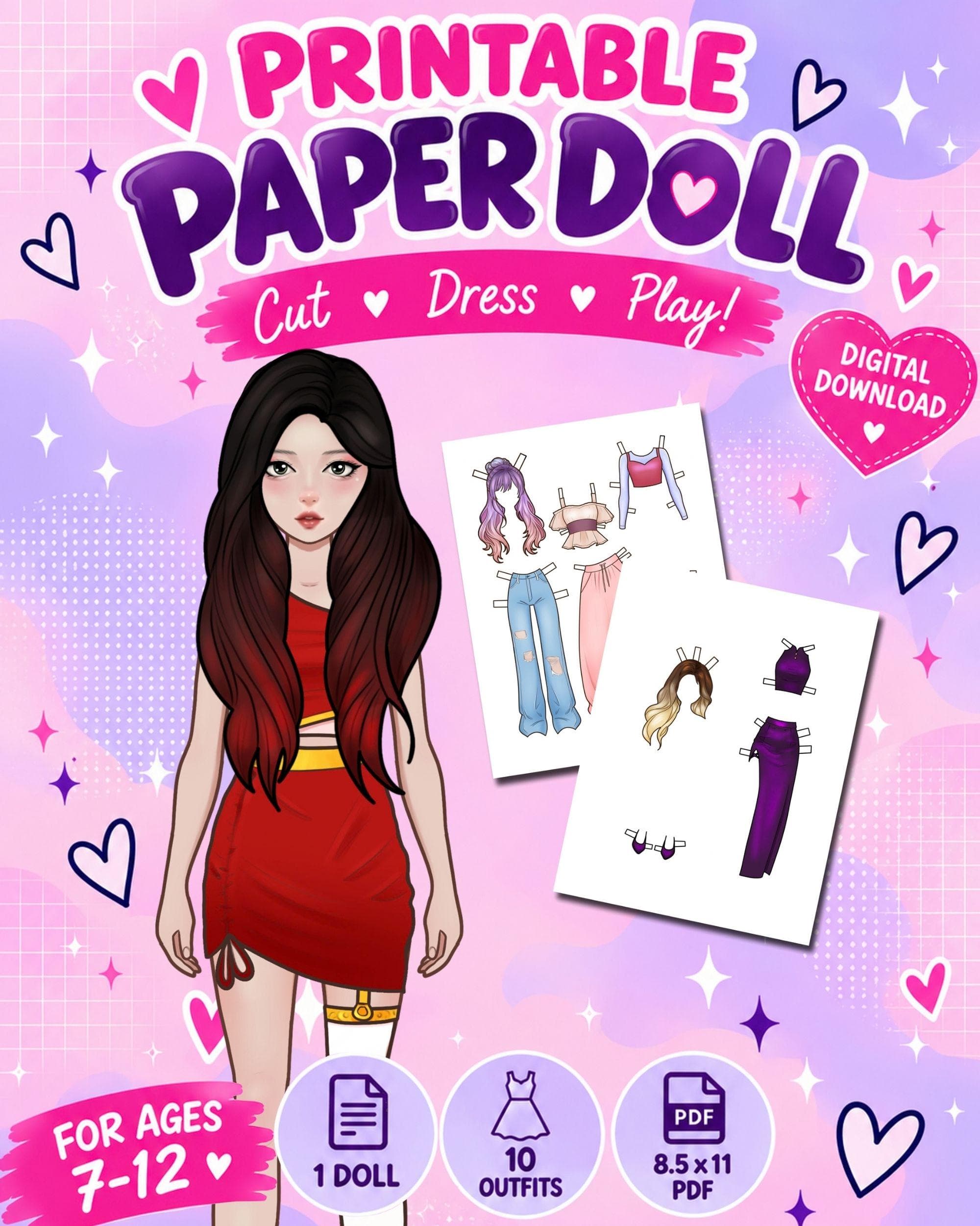 Printable K-Pop Paper Doll with 10 Color Outfits, Dress Up Doll PDF, Cut Out Paper Doll, Fashion Activity for Girls Ages 7-12