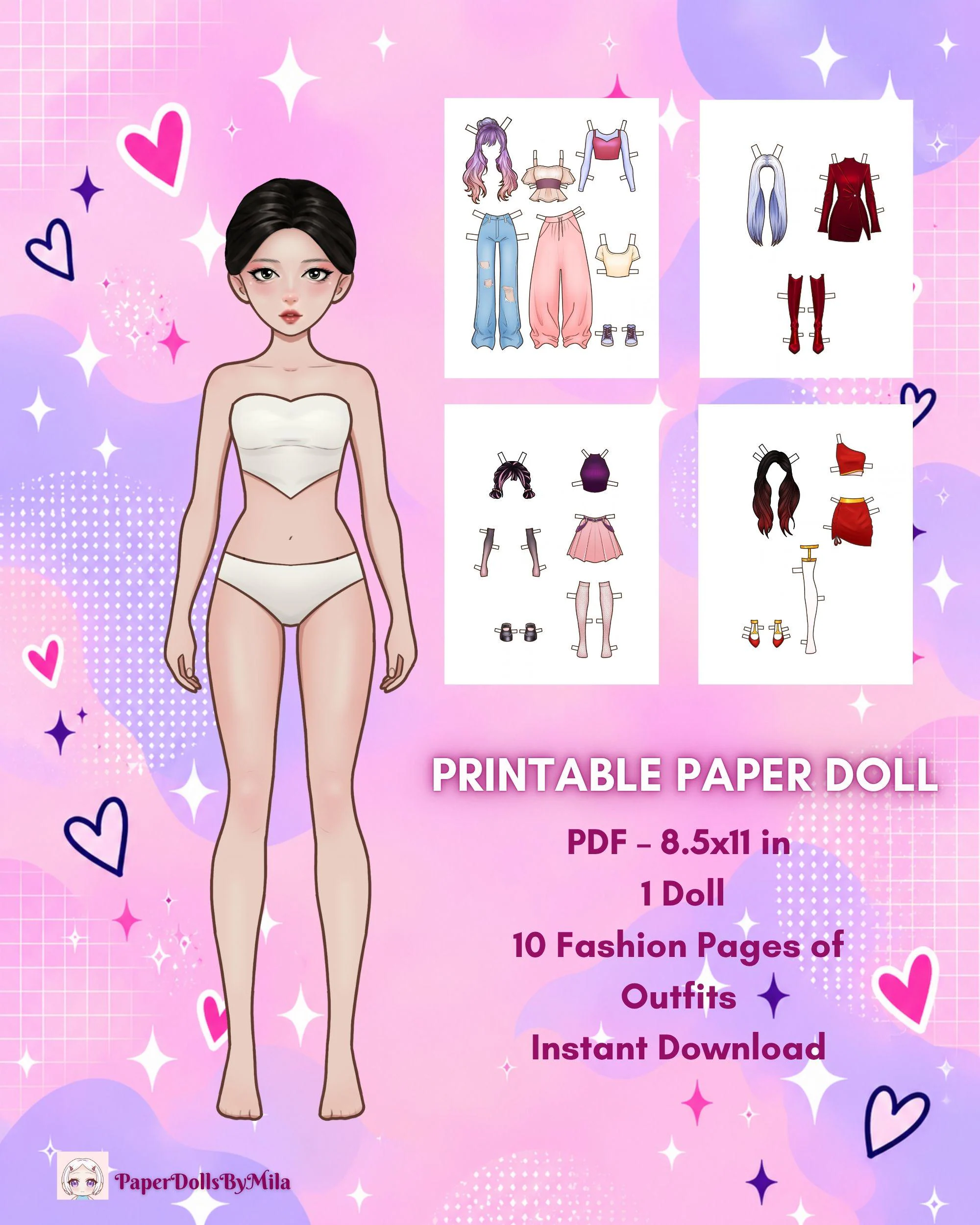 Printable K-Pop Paper Doll with 10 Color Outfits, Dress Up Doll PDF, Cut Out Paper Doll, Fashion Activity for Girls Ages 7-12 - image 2