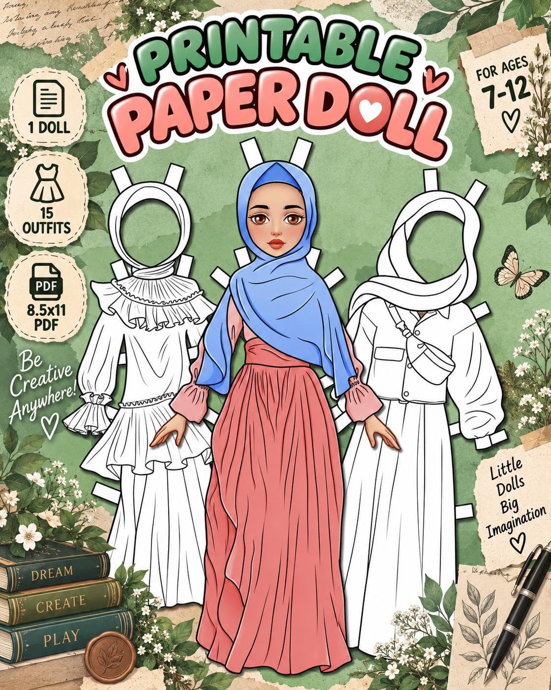 Printable Muslim Paper Doll for Kids Ages 7-12. Cut, Color, Dress up and Play