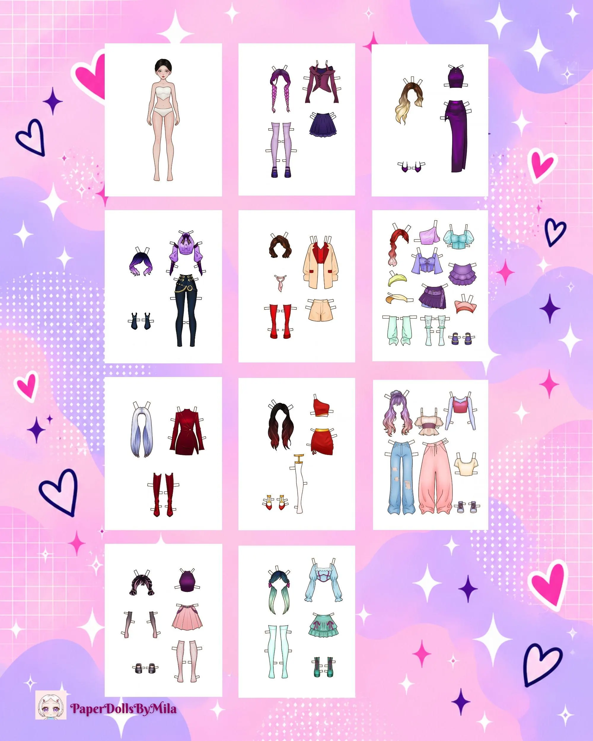 Printable K-Pop Paper Doll with 10 Color Outfits, Dress Up Doll PDF, Cut Out Paper Doll, Fashion Activity for Girls Ages 7-12 - image 3