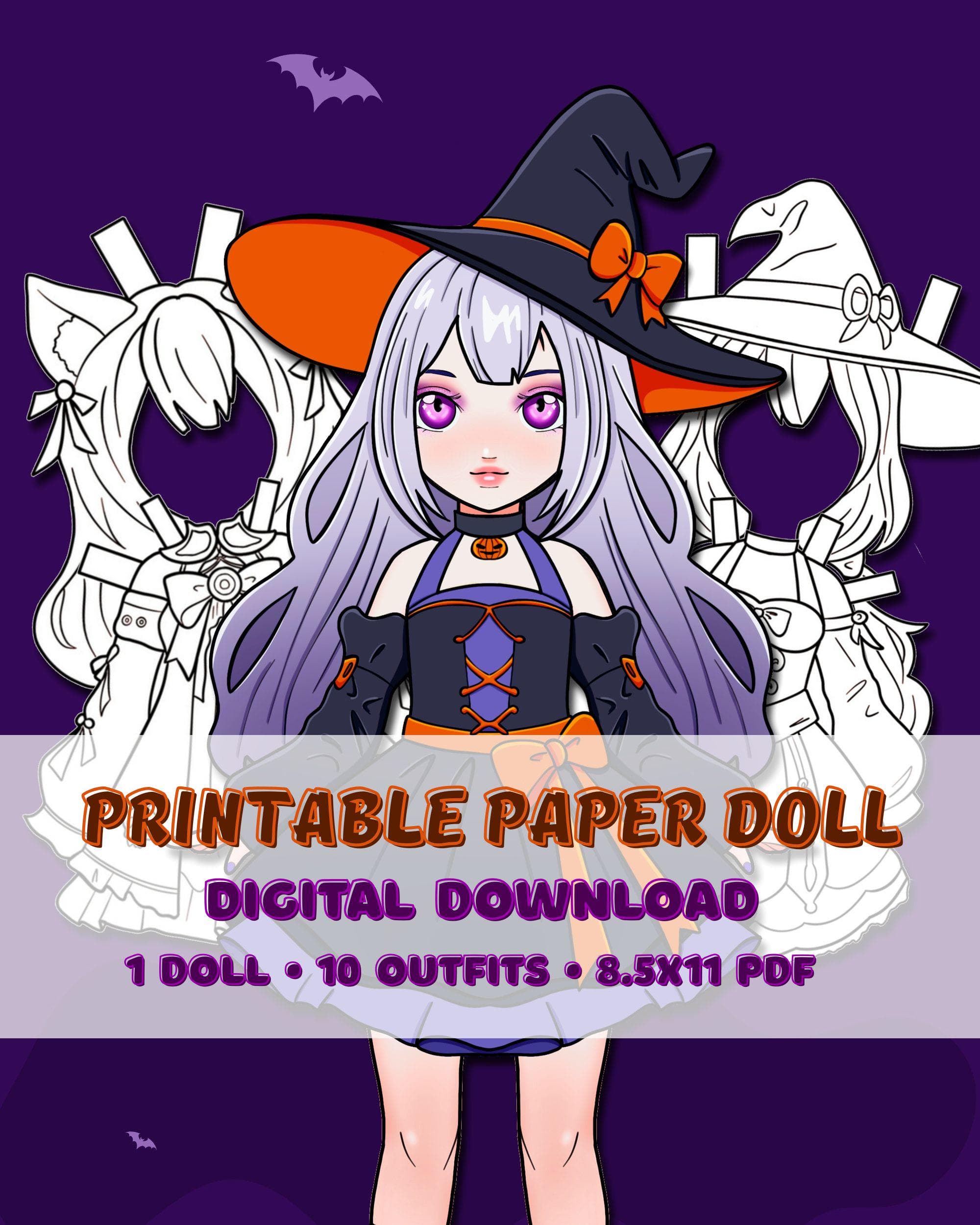 Printable Anime Witch Paper Doll, Halloween Dress Up Doll, 10 Outfits, PDF - image 5