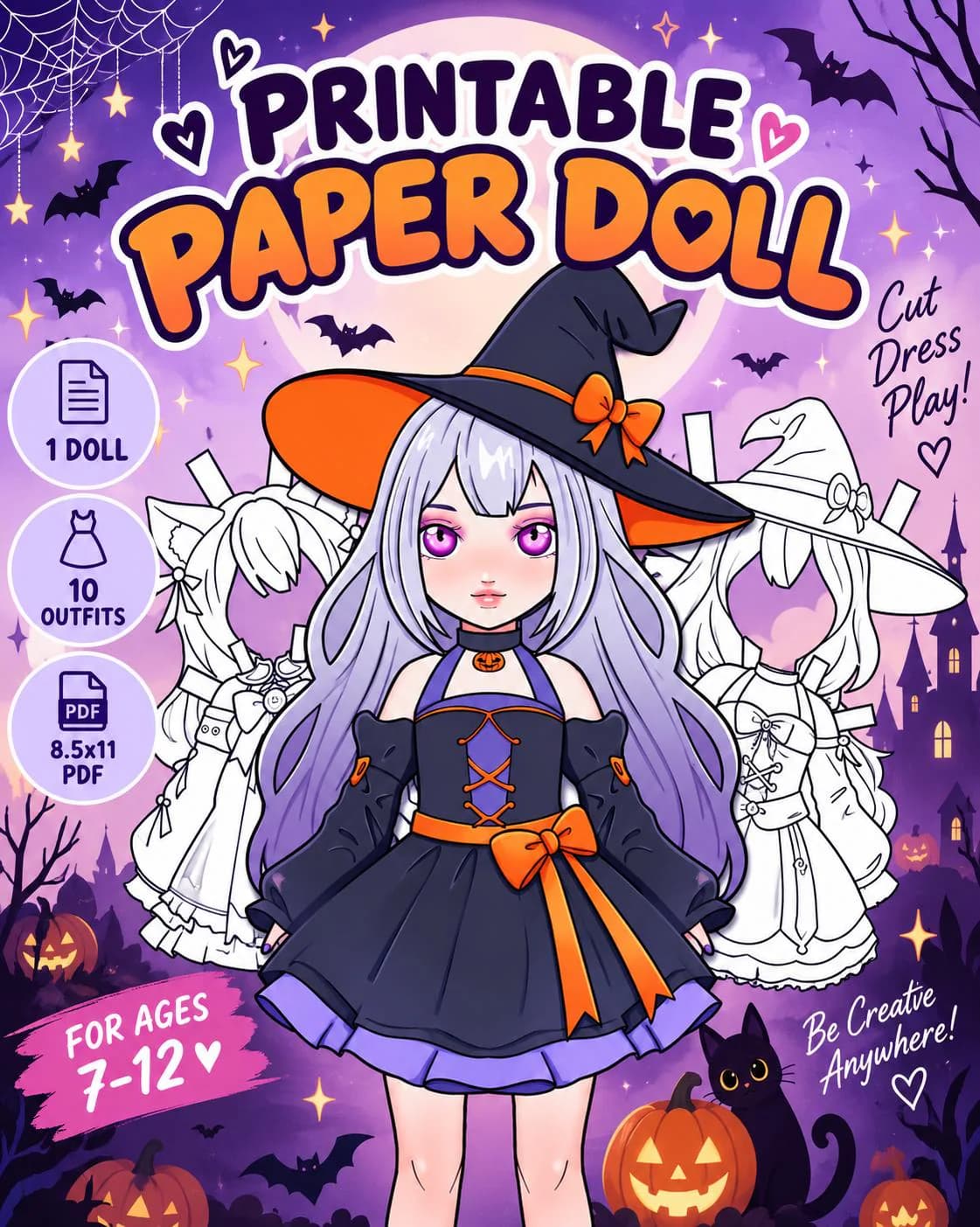 Printable Anime Witch Paper Doll, Halloween Dress Up Doll, 10 Outfits, PDF