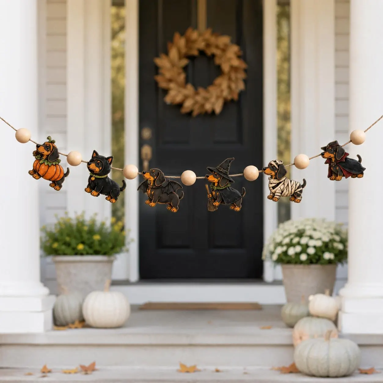 Wooden Dachshund Halloween Garland, Spooky Wiener Dog Ornaments, Cute Costume Doxie Hanging Decor, Fall Mantel Decoration, Dog Lover Gift - image 3