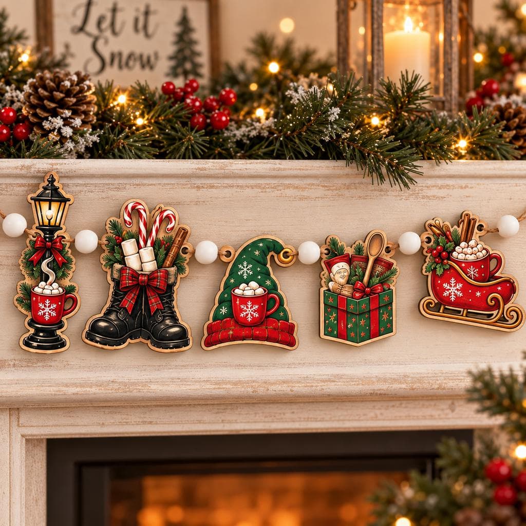 Christmas Cocoa Bar Wooden Garland, Hot Chocolate Holiday Banner, Cozy Xmas Mantel Decor, Rustic Winter Hanging Decoration