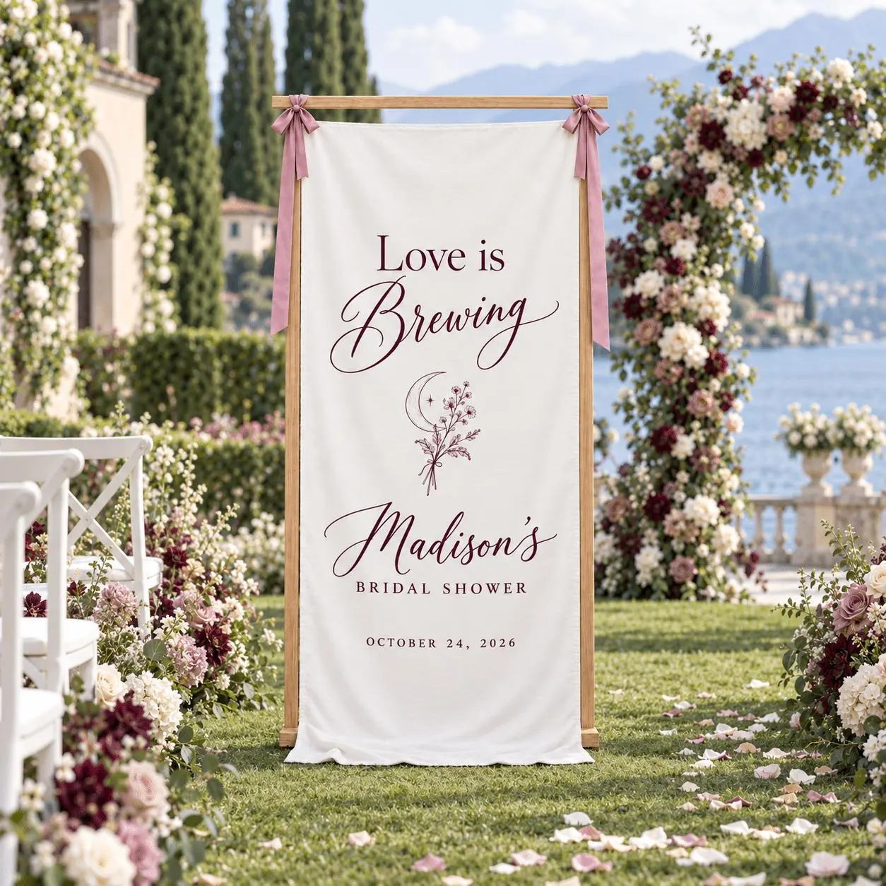 Love Is Brewing Bridal Shower Fabric Banner, Personalized Name and Date, Celestial Moon Floral Welcome Sign, Fall Wedding Party Decor - image 3