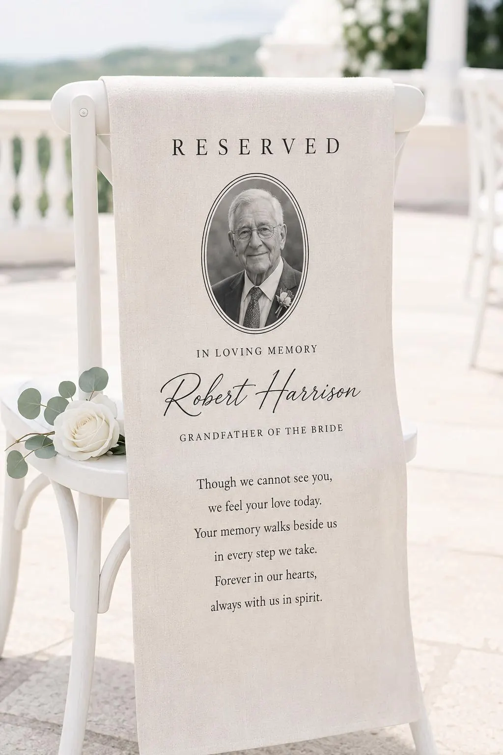 Personalized Wedding Memorial Chair Sign, Custom Photo Linen Wall Tapestry, In Loving Memory Banner, Reserved Seat Ceremony Decor