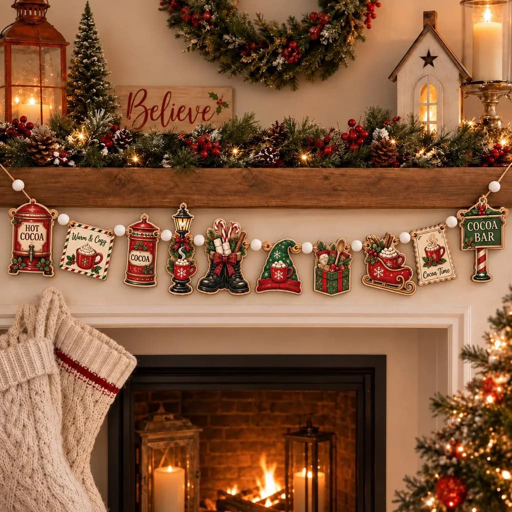 Christmas Cocoa Bar Wooden Garland, Hot Chocolate Holiday Banner, Cozy Xmas Mantel Decor, Rustic Winter Hanging Decoration - image 4