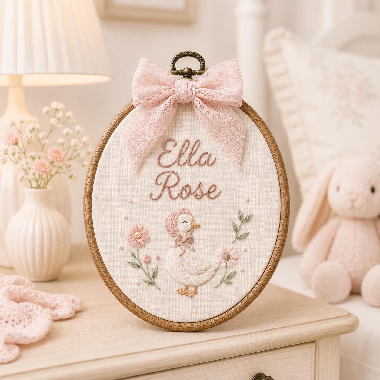 Personalized Goose Baby Name Sign, Custom Embroidered Nursery Name Hoop, Baby Shower Gift, Newborn Keepsake, Floral Baby Name Announcement - image 5