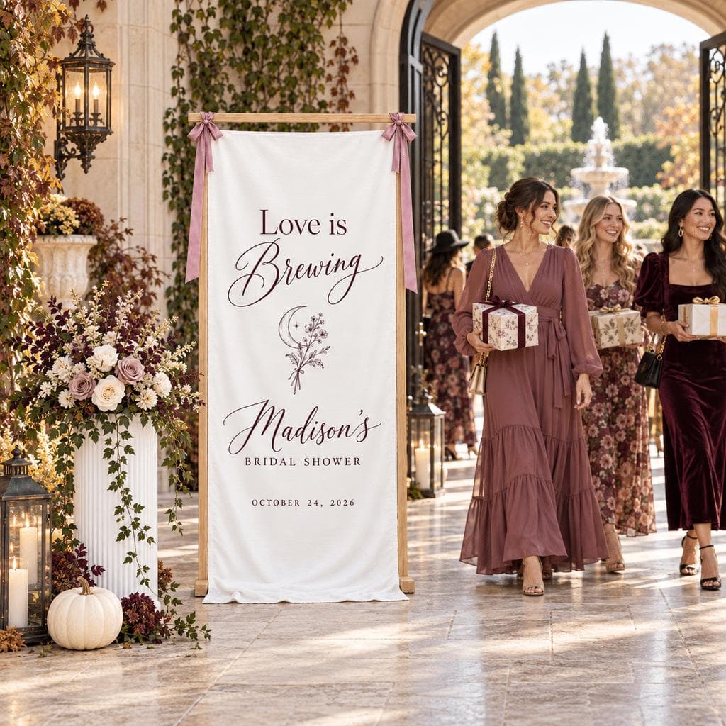 Love Is Brewing Bridal Shower Fabric Banner, Personalized Name and Date, Celestial Moon Floral Welcome Sign, Fall Wedding Party Decor - image 5