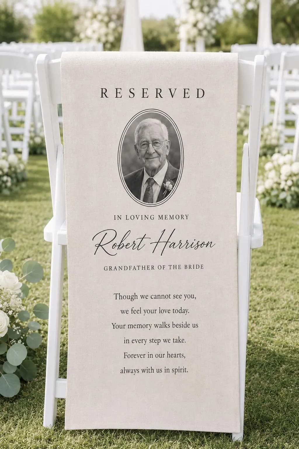 Personalized Wedding Memorial Chair Sign, Custom Photo Linen Wall Tapestry, In Loving Memory Banner, Reserved Seat Ceremony Decor - image 5