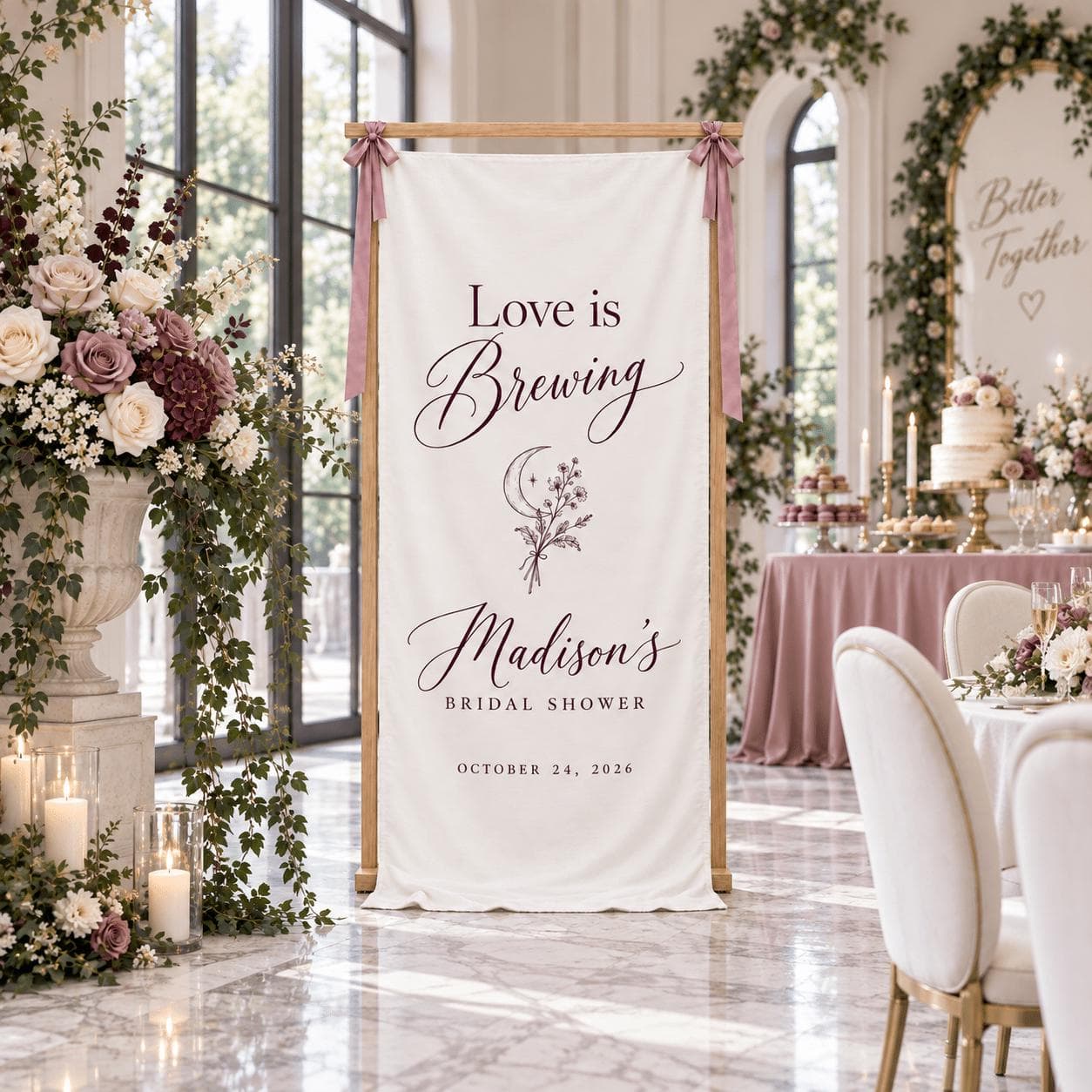 Love Is Brewing Bridal Shower Fabric Banner, Personalized Name and Date, Celestial Moon Floral Welcome Sign, Fall Wedding Party Decor