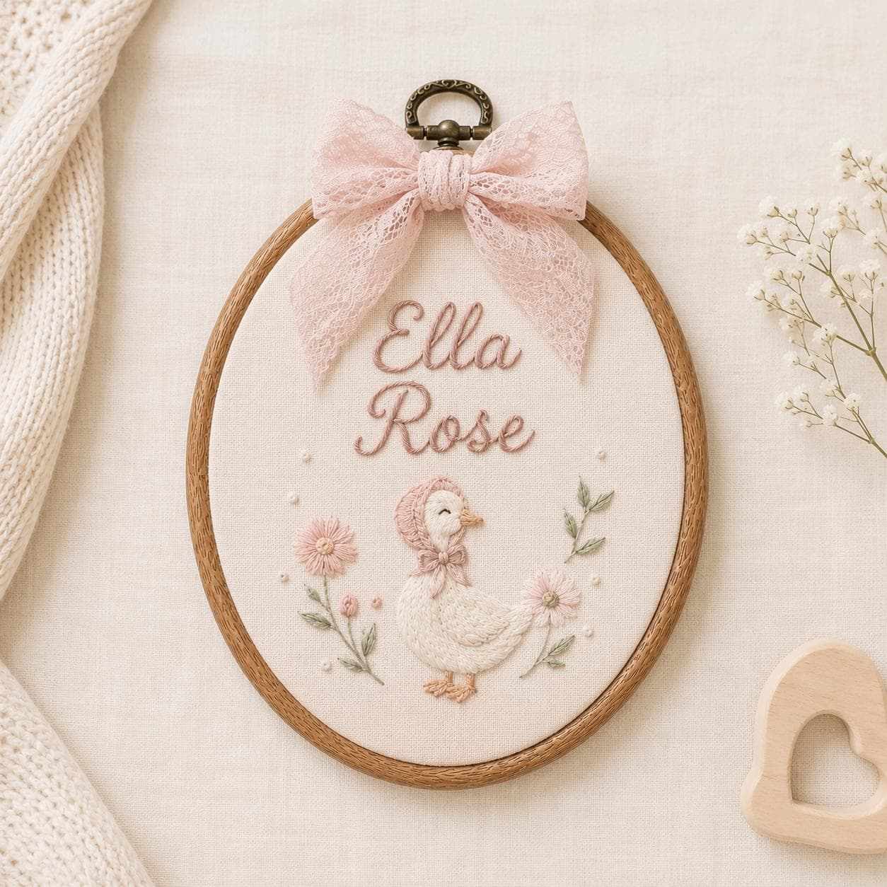 Personalized Goose Baby Name Sign, Custom Embroidered Nursery Name Hoop, Baby Shower Gift, Newborn Keepsake, Floral Baby Name Announcement