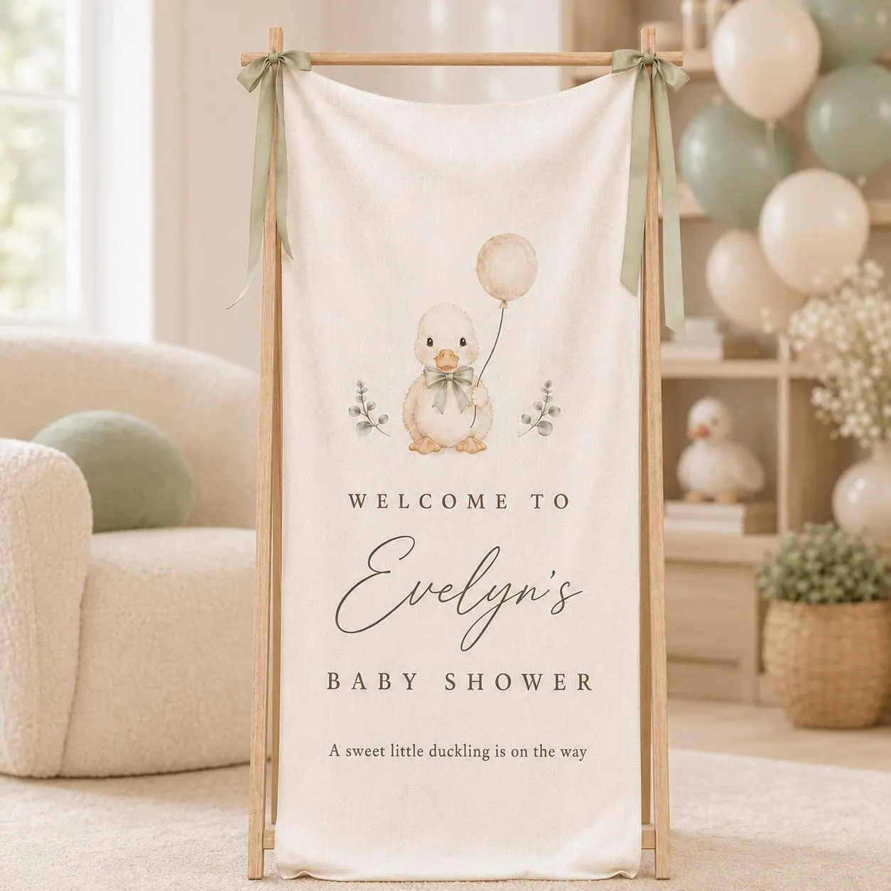 Personalized Duckling Baby Shower Welcome Sign, Custom Linen Wall Tapestry, Neutral Baby Banner, Gender Neutral Party Backdrop Decor - image 3