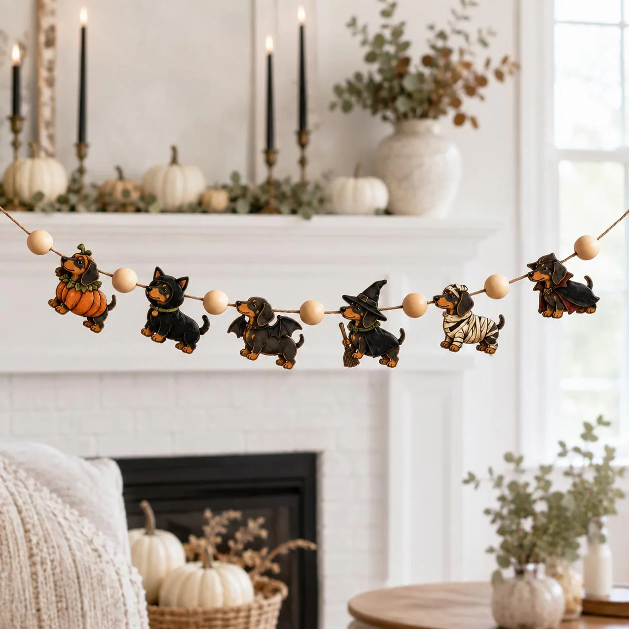 Wooden Dachshund Halloween Garland, Spooky Wiener Dog Ornaments, Cute Costume Doxie Hanging Decor, Fall Mantel Decoration, Dog Lover Gift