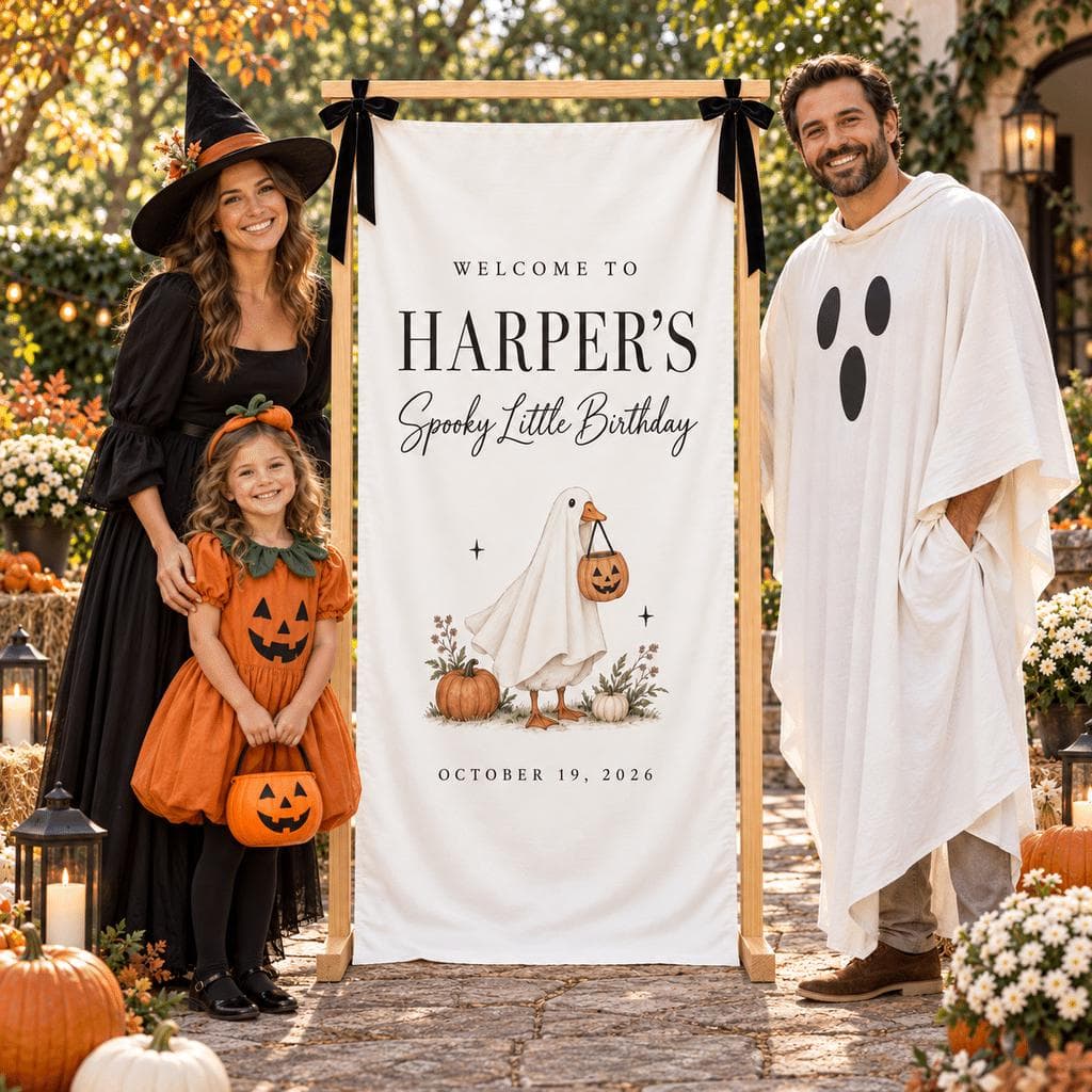 Personalized Halloween Birthday Fabric Banner, Ghost Goose Welcome Sign, Custom Name and Date, Spooky Little Party Decor - image 3