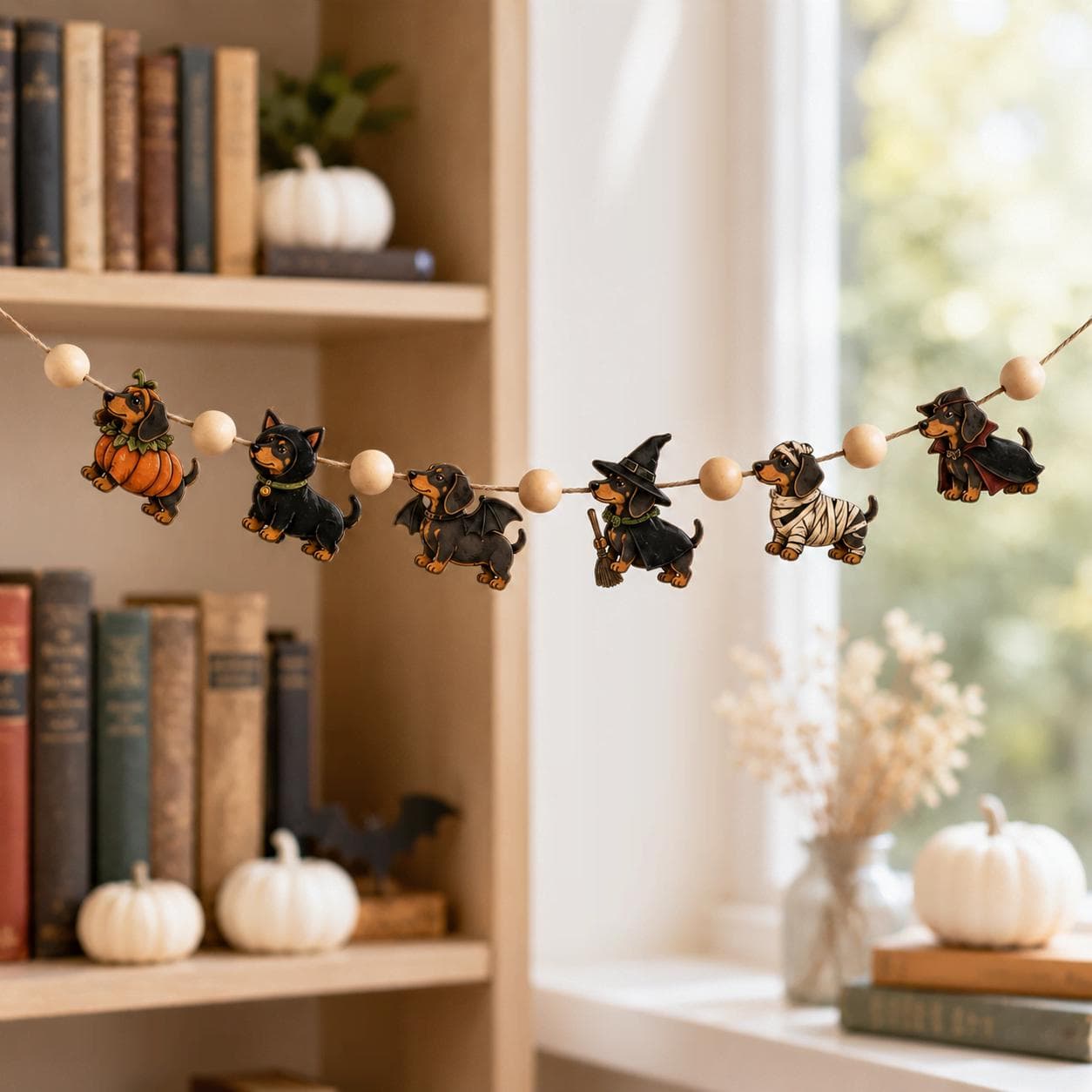 Wooden Dachshund Halloween Garland, Spooky Wiener Dog Ornaments, Cute Costume Doxie Hanging Decor, Fall Mantel Decoration, Dog Lover Gift - image 5