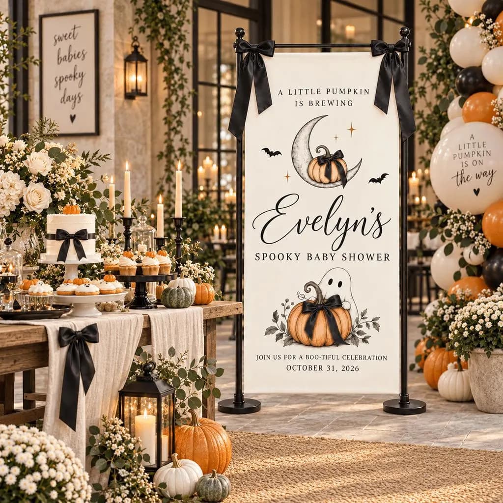 Personalized Halloween Baby Shower Fabric Banner, Little Pumpkin Is Brewing Welcome Sign, Ghost Moon Design, Spooky Fall Party Decor - image 4
