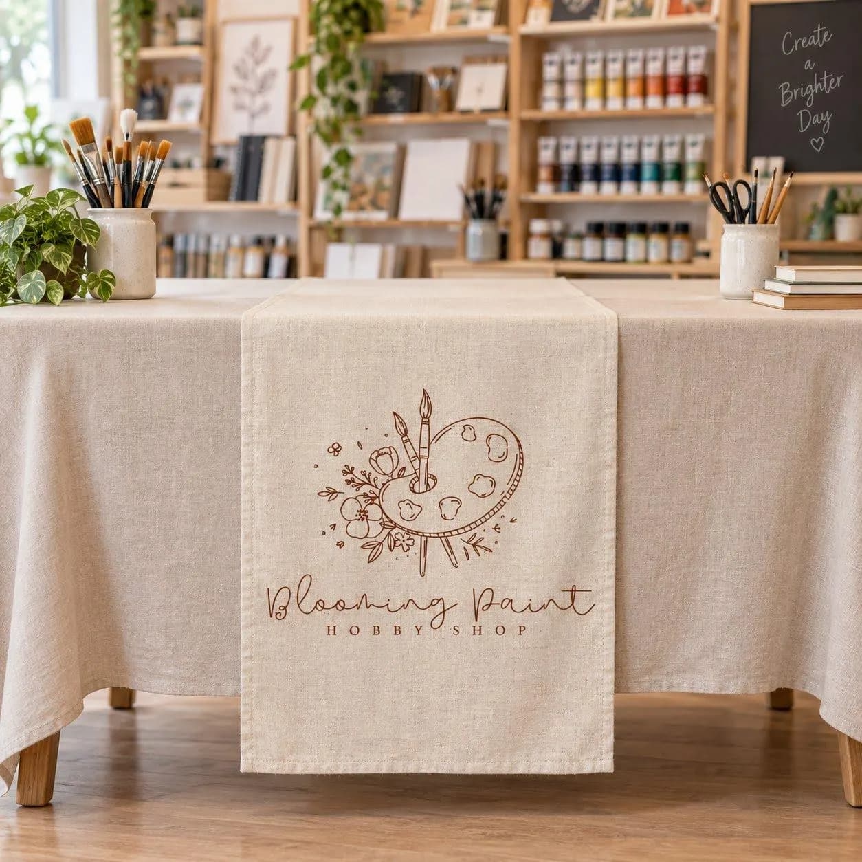 Custom Logo Table Runner, Personalized Artist Booth Decor, Craft Fair Vendor Display, Branded Linen Tablecloth for Maker Market Events