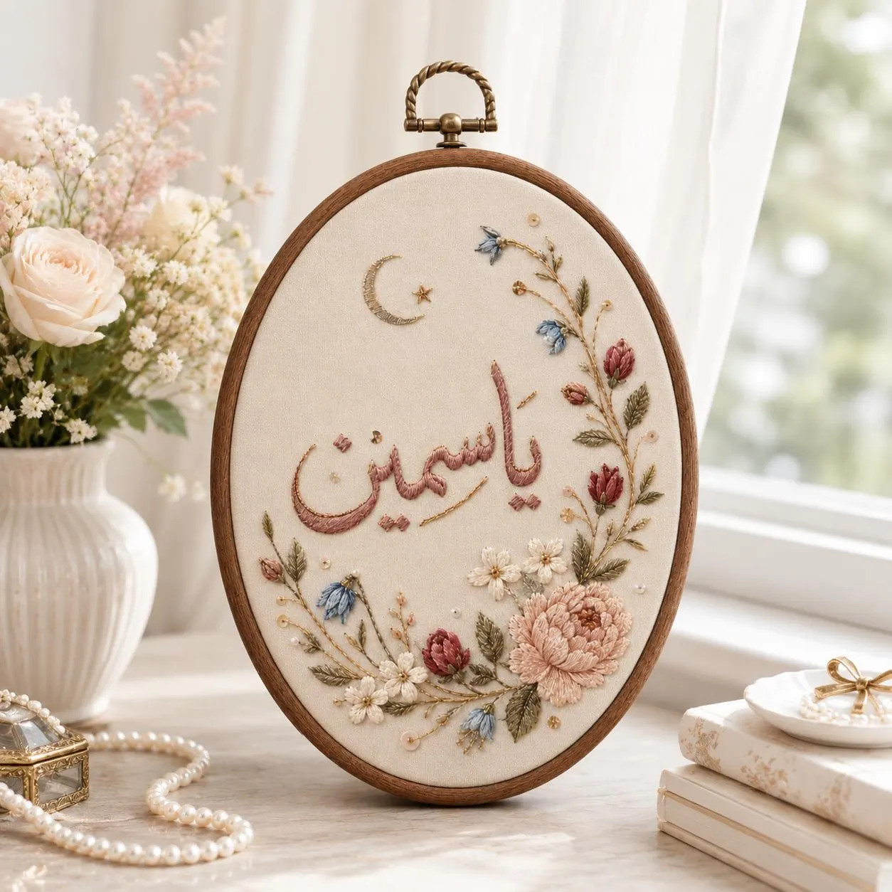 Personalized Arabic Name Embroidery Hoop, Floral Nursery Wall Art, Custom Baby Name Keepsake, Botanical Newborn Gift - image 4
